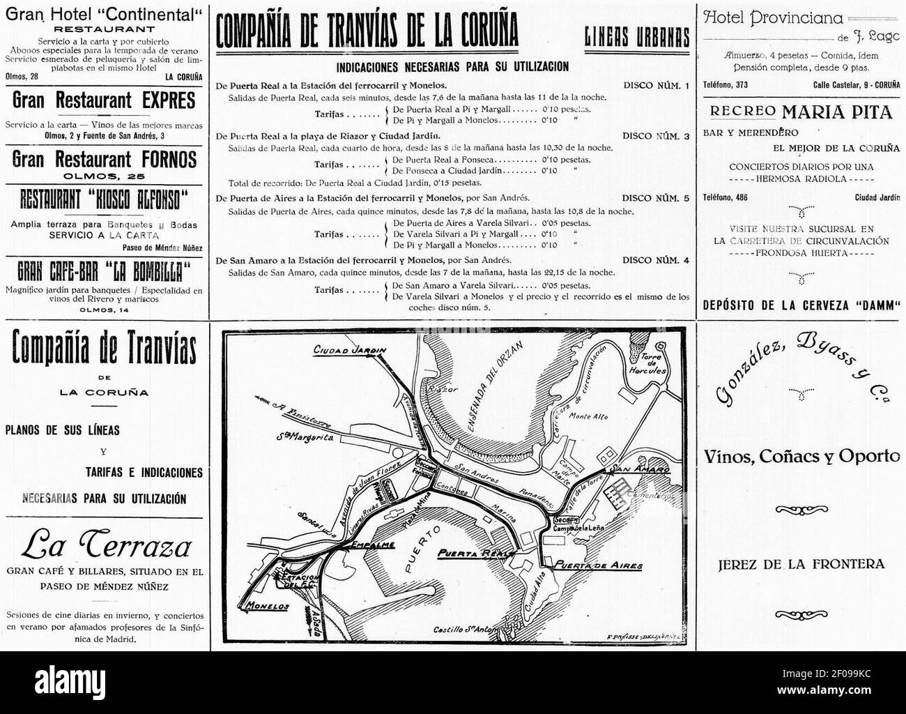 Plano de la Red de tranvías de A Coruña a principios del siglo XX por Francisco Panisse. Banque D'Images