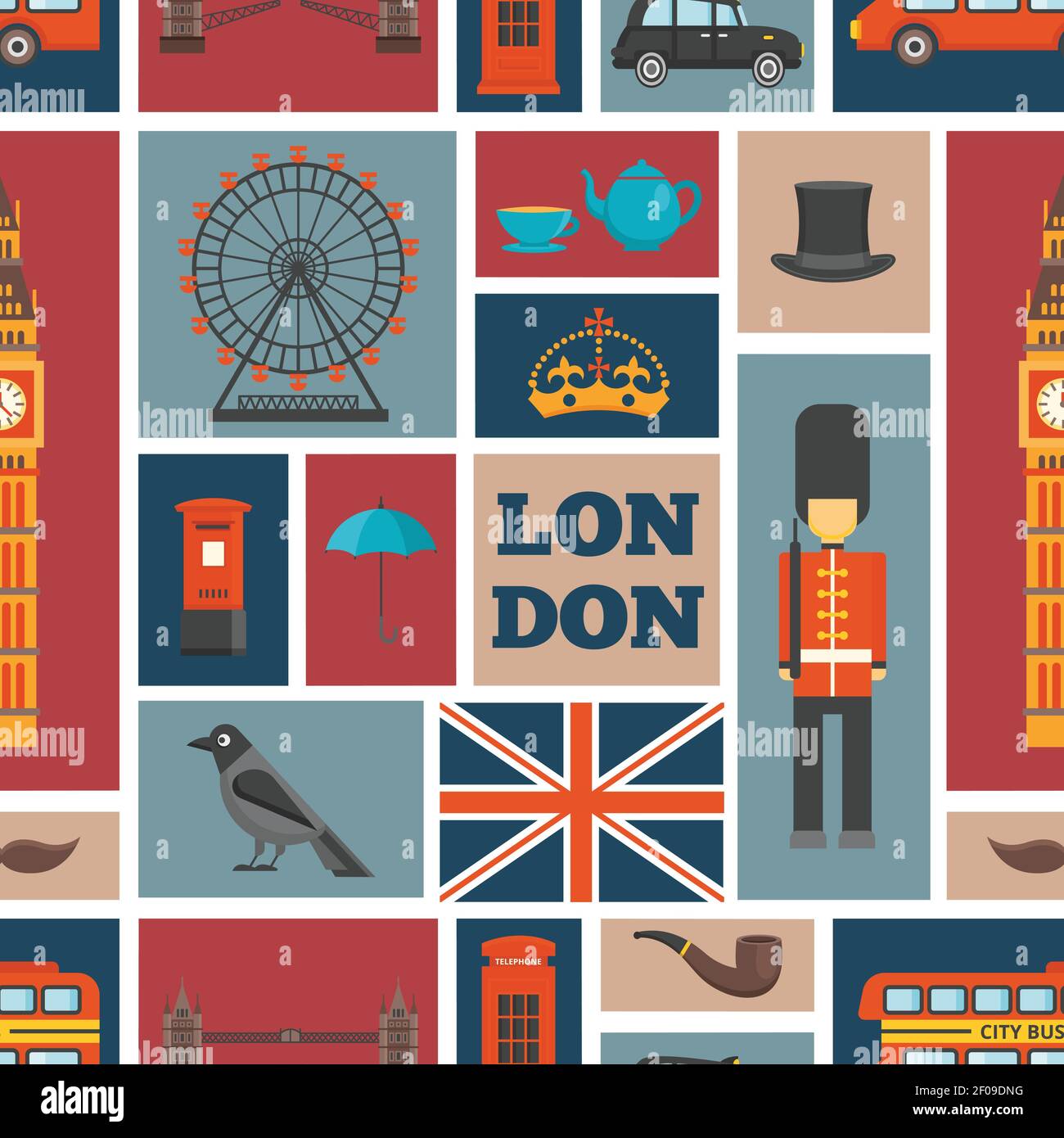 Motif Londres sans couture avec icônes carrées isolées sur le thème du royaume-uni et illustration du vecteur de lieux d'intérêt Illustration de Vecteur