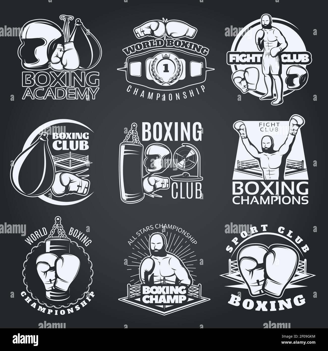 Clubs de boxe et compétitions monochromes emblèmes avec gants de sport poinçonner sacs sur fond noir illustration de vecteur isolé Illustration de Vecteur