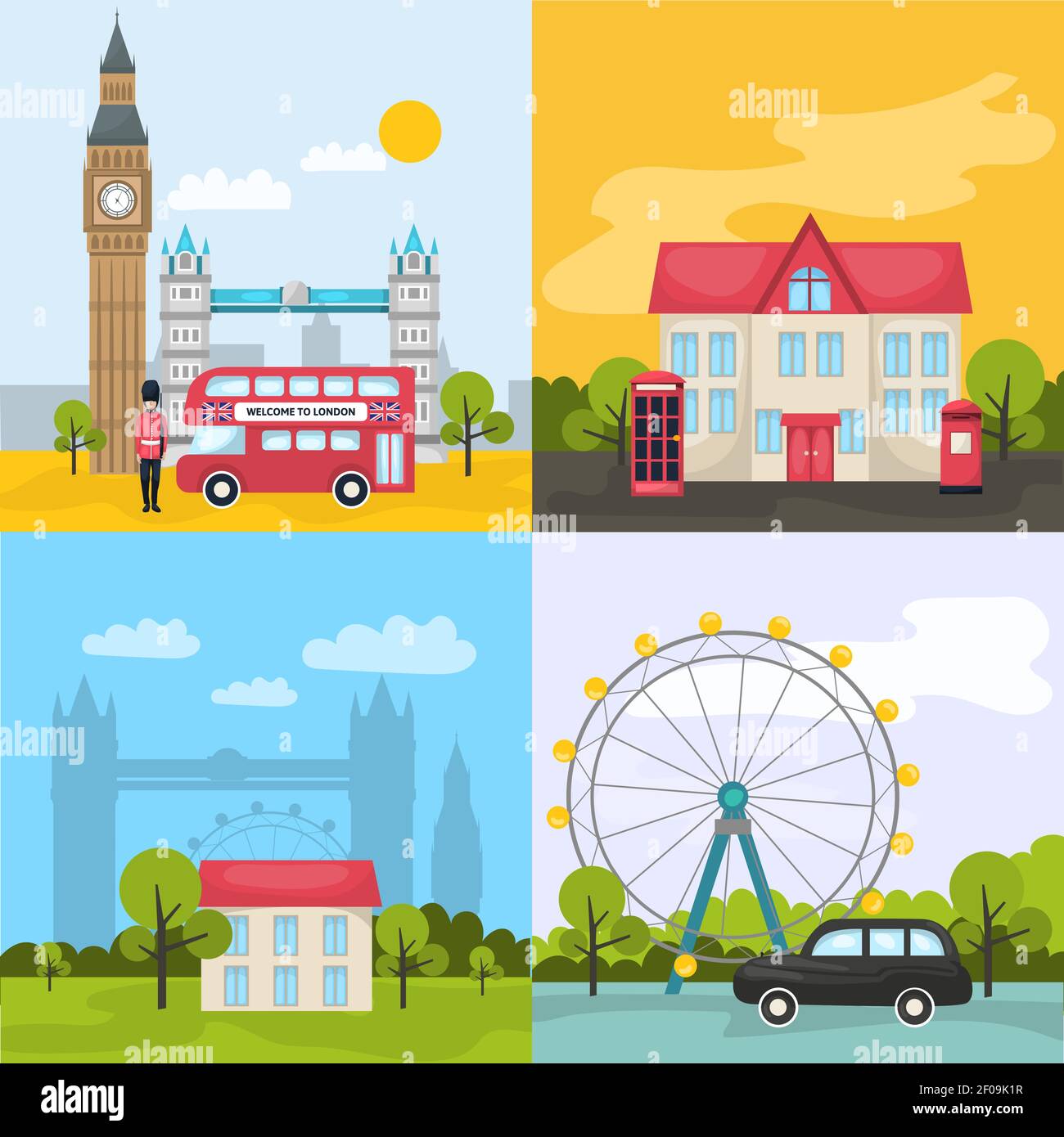 Londres compositions colorées avec quatre icônes carrées sur le touriste illustration vectorielle lieux et attractions Illustration de Vecteur