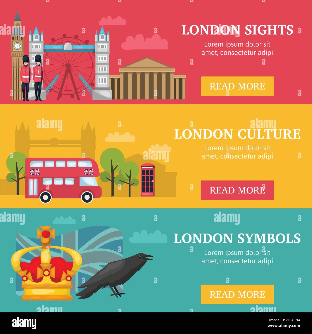 Trois banderoles horizontales de londres avec la culture et les monuments de Londres symboles descriptions illustration vectorielle Illustration de Vecteur