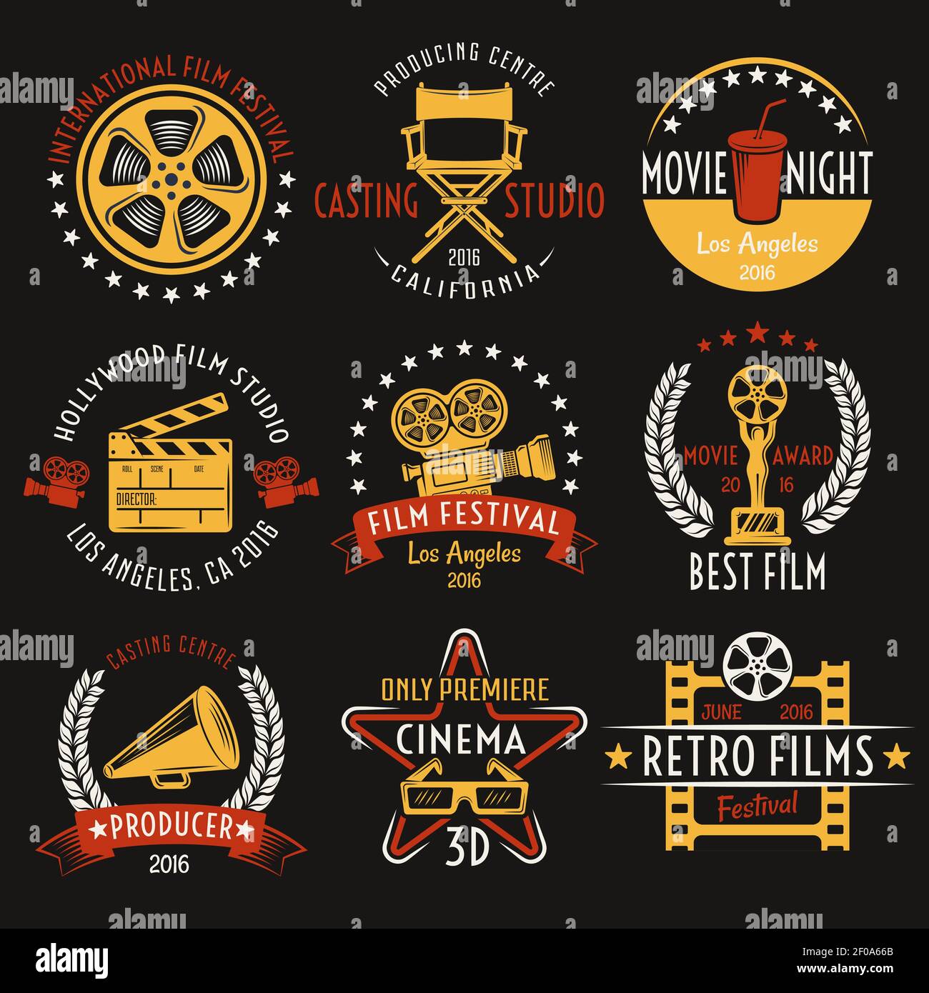 Ensemble d'emblèmes de style rétro pour le cinéma avec inscriptions de prix d'équipement de film boire sur fond noir illustration vectorielle isolée Illustration de Vecteur