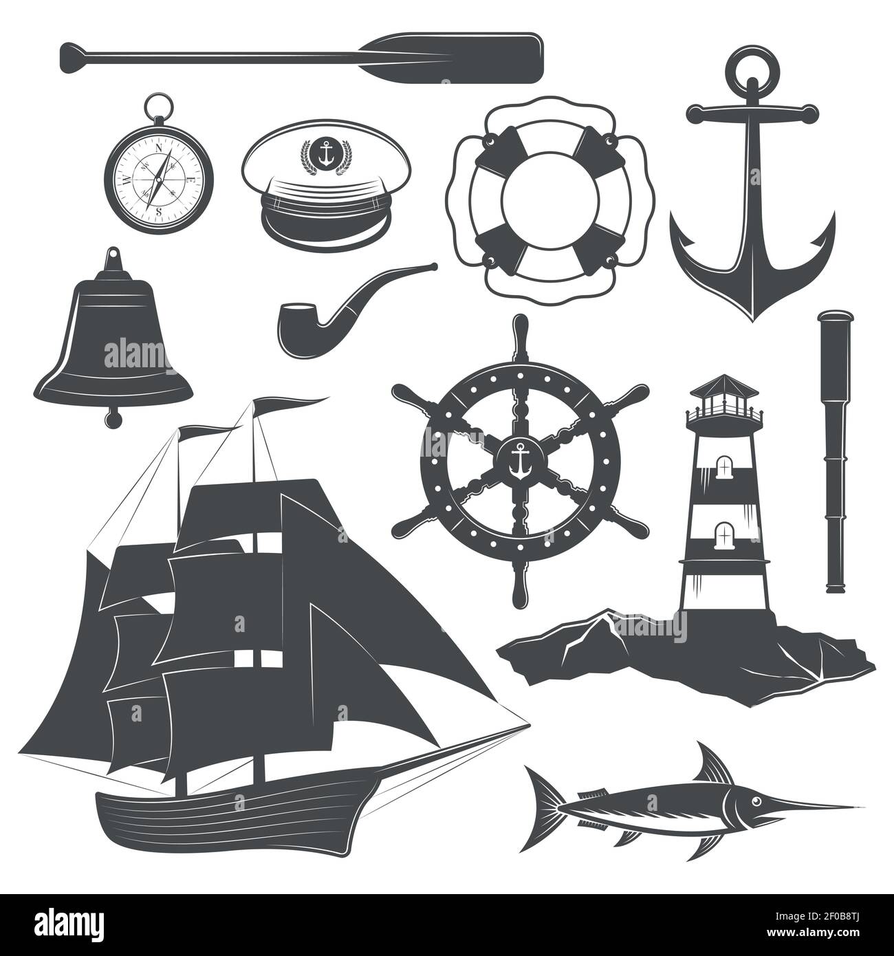 Ensemble d'icônes noires isolées nautiques équipement et forme du illustration du vecteur des éléments marins et du capitaine du navire Illustration de Vecteur