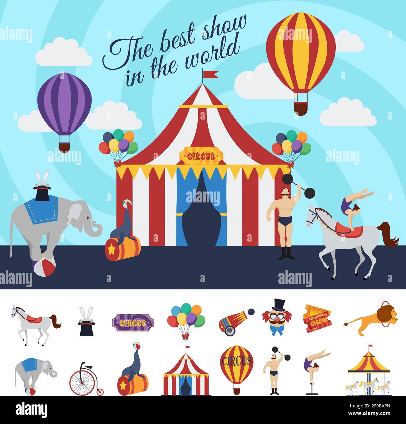 Concept de spectacle de cirque avec le meilleur spectacle dans le design du monde et collection d'éléments décoratifs illustration vectorielle isolée Illustration de Vecteur