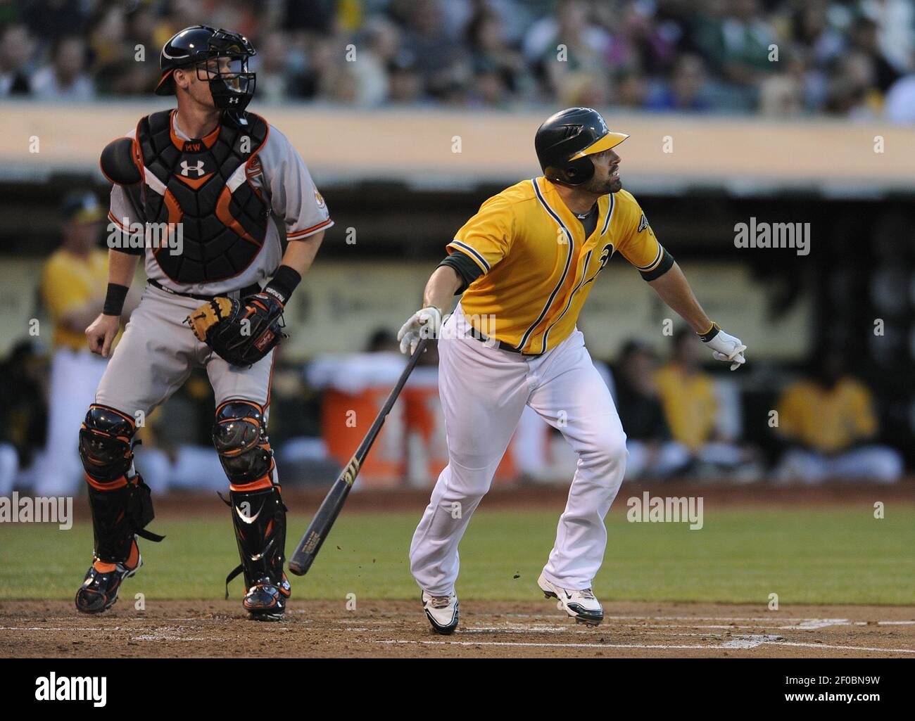 Oakland Athletics David DeJesus se connecte pour un double contre les Baltimore Orioles dans le deuxième repas de leur jeu le lundi 15 août 2011 au O.co Coliseum à Oakland, Californie. (Photo de Jose Carlos Fajardo/Contra Costa Times/MCT/Sipa USA) Banque D'Images