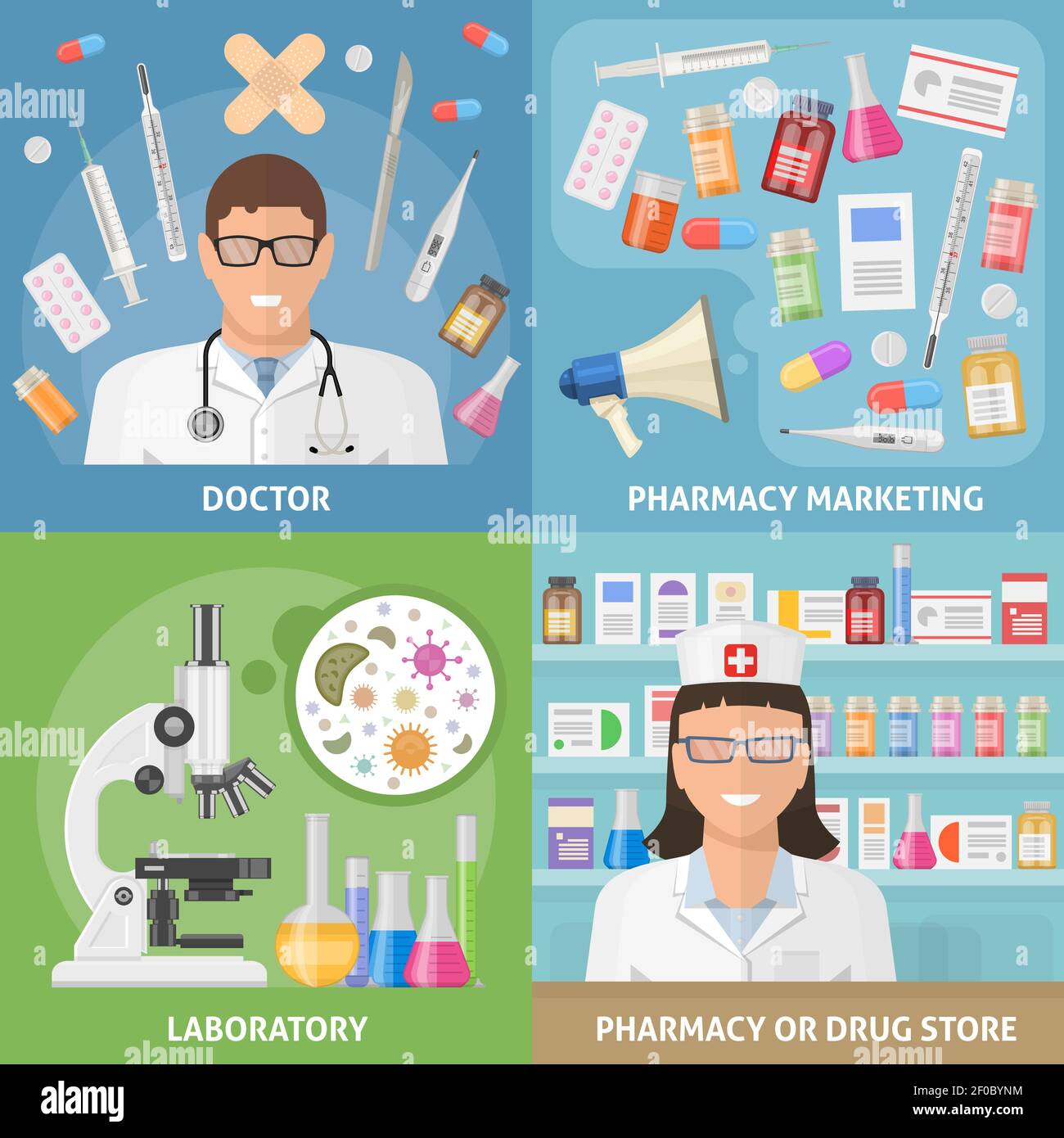 Ensemble d'icônes de médecine avec descriptions du laboratoire de marketing de pharmacie de médecin et illustration vectorielle de la pharmacie et du magasin de médicaments Illustration de Vecteur