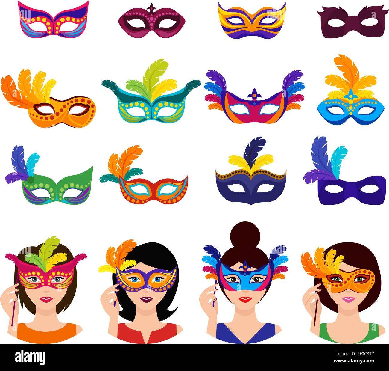 Icônes de carnaval de balle avec femmes dans des masques colorés décorés d'une illustration vectorielle isolée de style différent Illustration de Vecteur