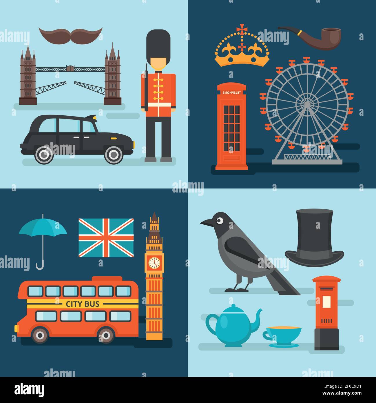 Quatre carrés londres compositions colorées avec pont Big ben ville illustration du vecteur de boîte d'appel de bus Illustration de Vecteur