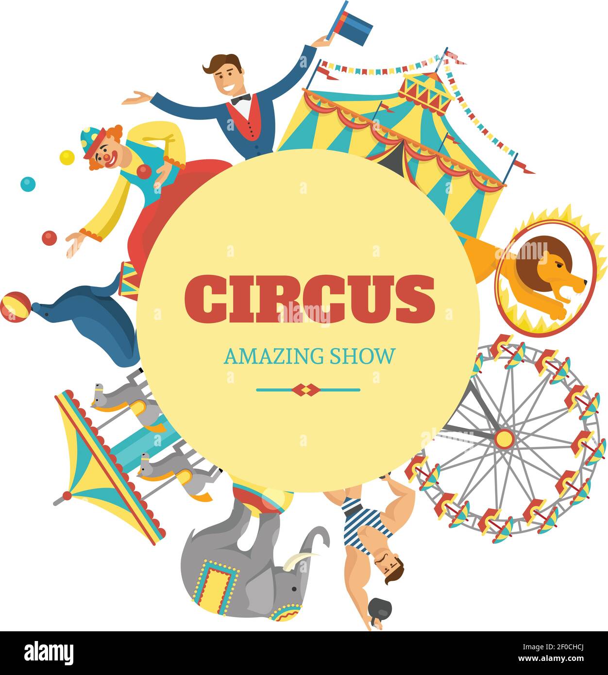 Composition de cirque rond avec titre de cirque spectacle et cirque incroyable les artistes font l'attraction des animaux autour de l'illustration vectorielle Illustration de Vecteur