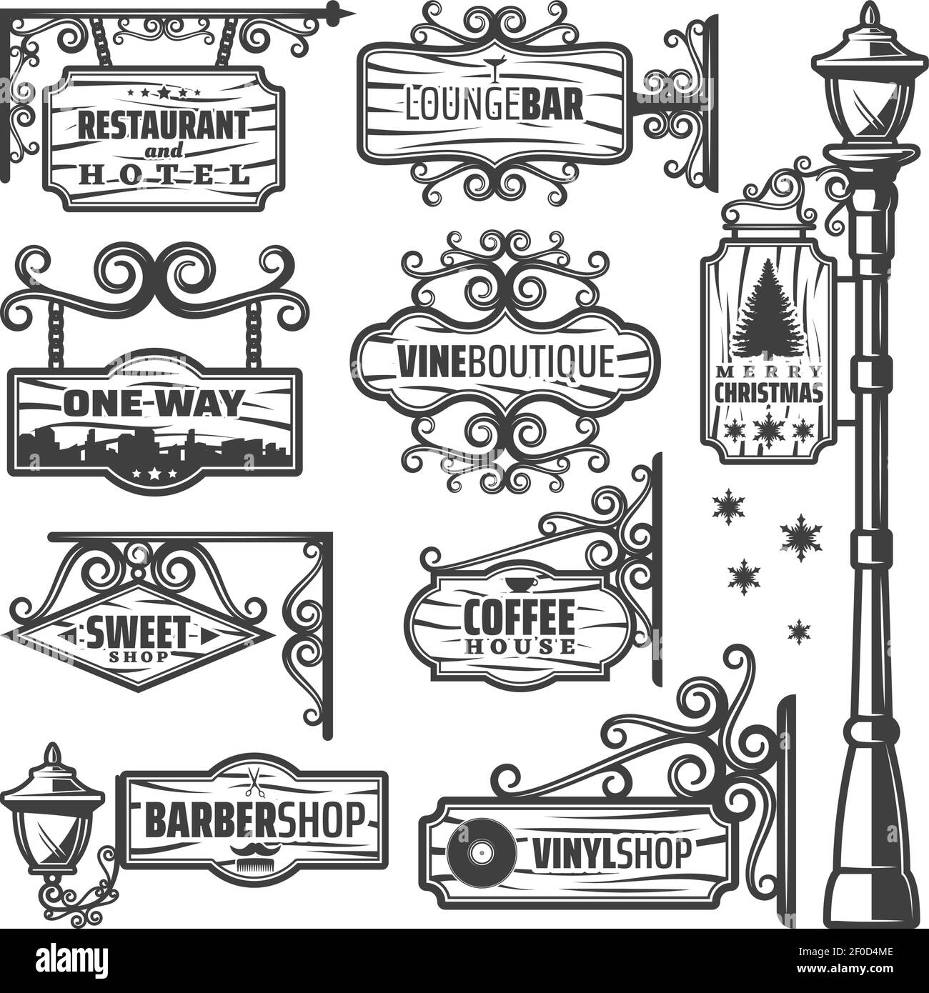 Jeu d'étiquettes de lanternes de rue vintage avec inscriptions de poteaux métalliques illustrations vectorielles isolées de panneaux et planches en bois Illustration de Vecteur