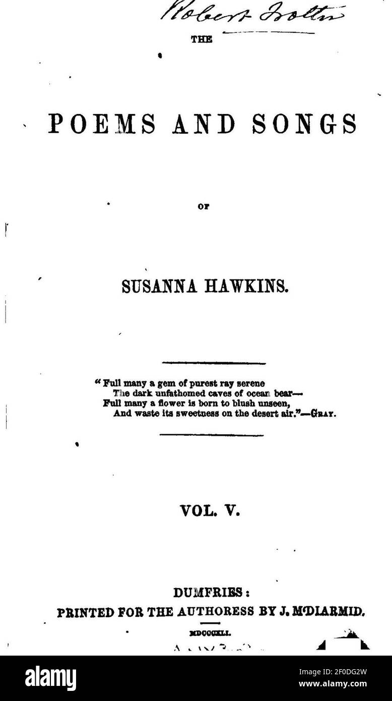 Poèmes et chansons Susanna Hawkins. Banque D'Images