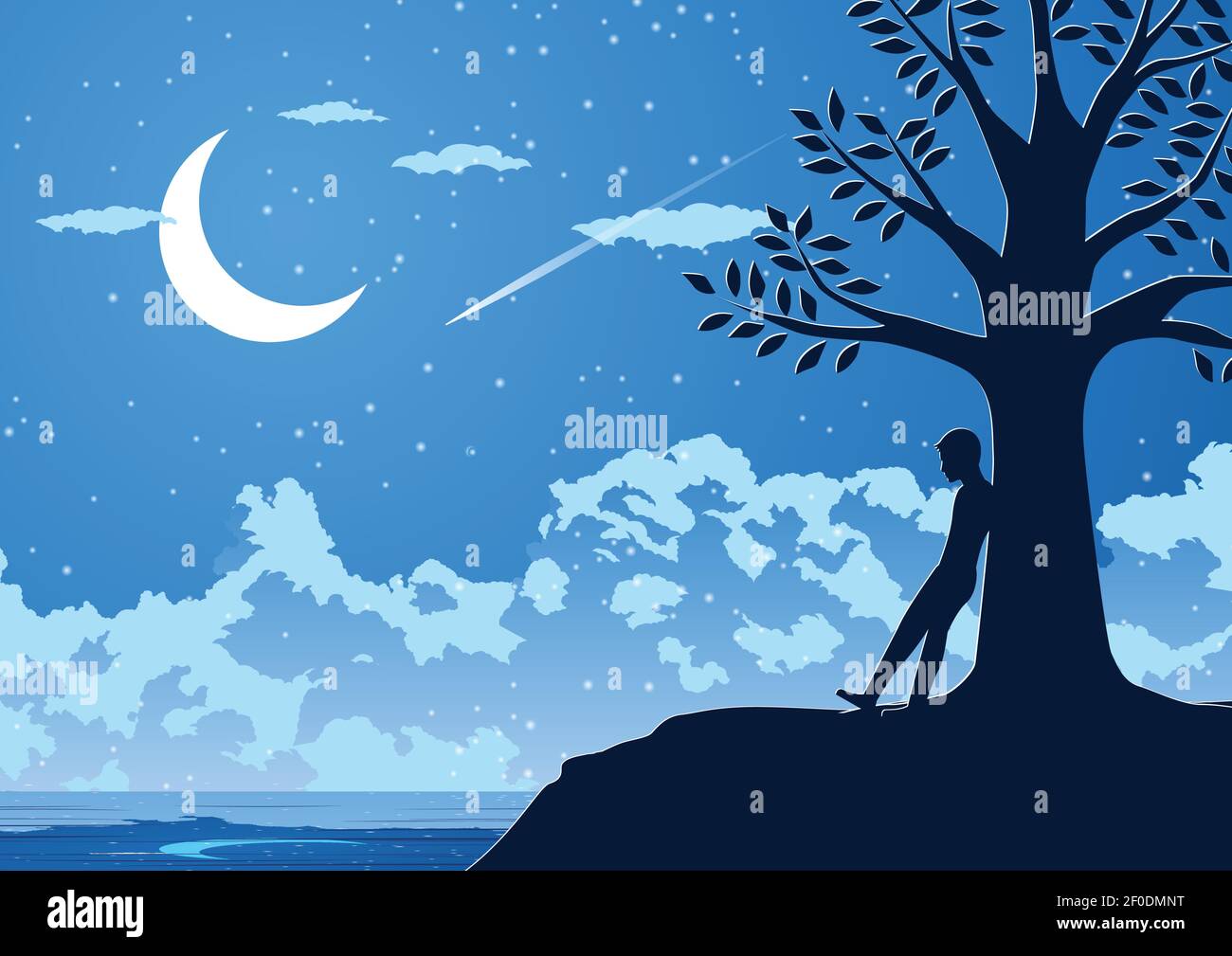 Silhouette de l'homme seul pour une nuit silencieuse au riverside, illustration vectorielle Illustration de Vecteur