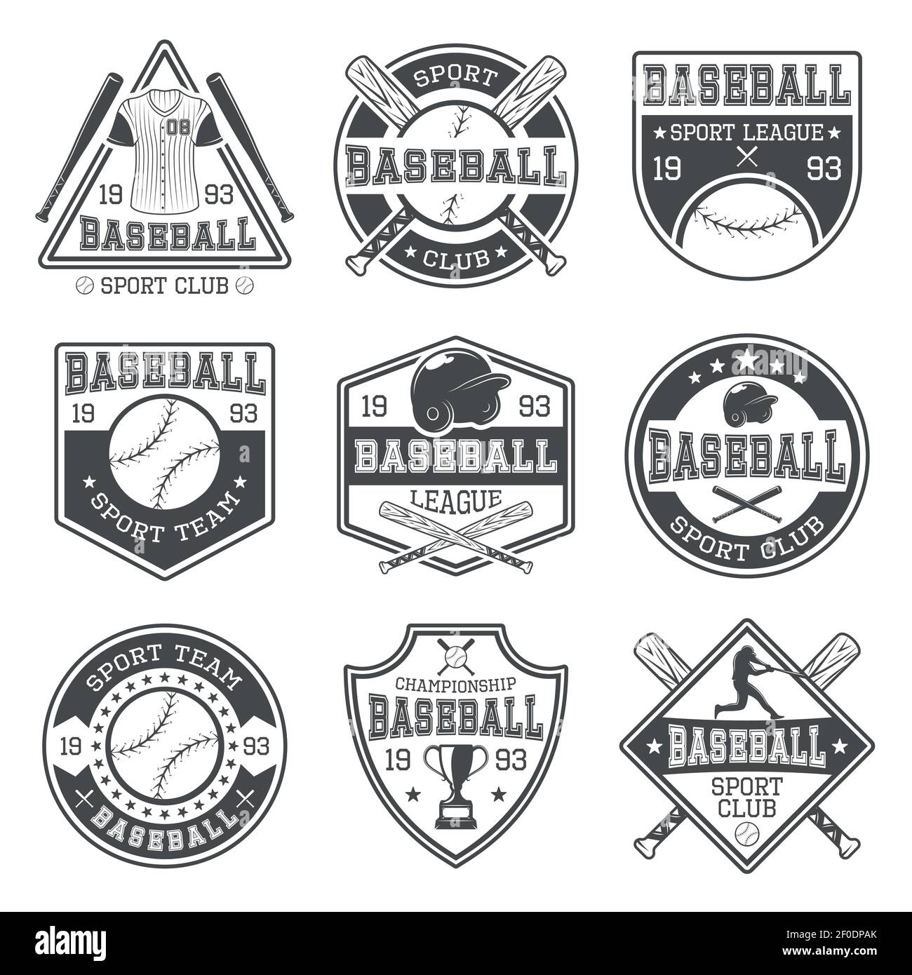 Baseball noir blanc emblèmes de clubs et tournois avec batter tenue de sport et illustration vectorielle isolée des trophées Illustration de Vecteur