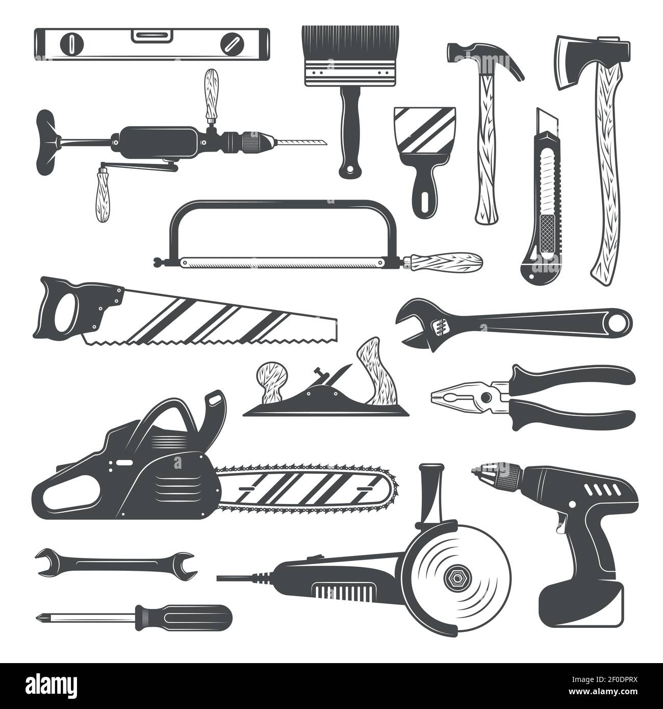 Jeu d'outils de travail monochrome avec scie et marteau à hache illustration vectorielle isolée avec tournevis et clé de niveau Illustration de Vecteur