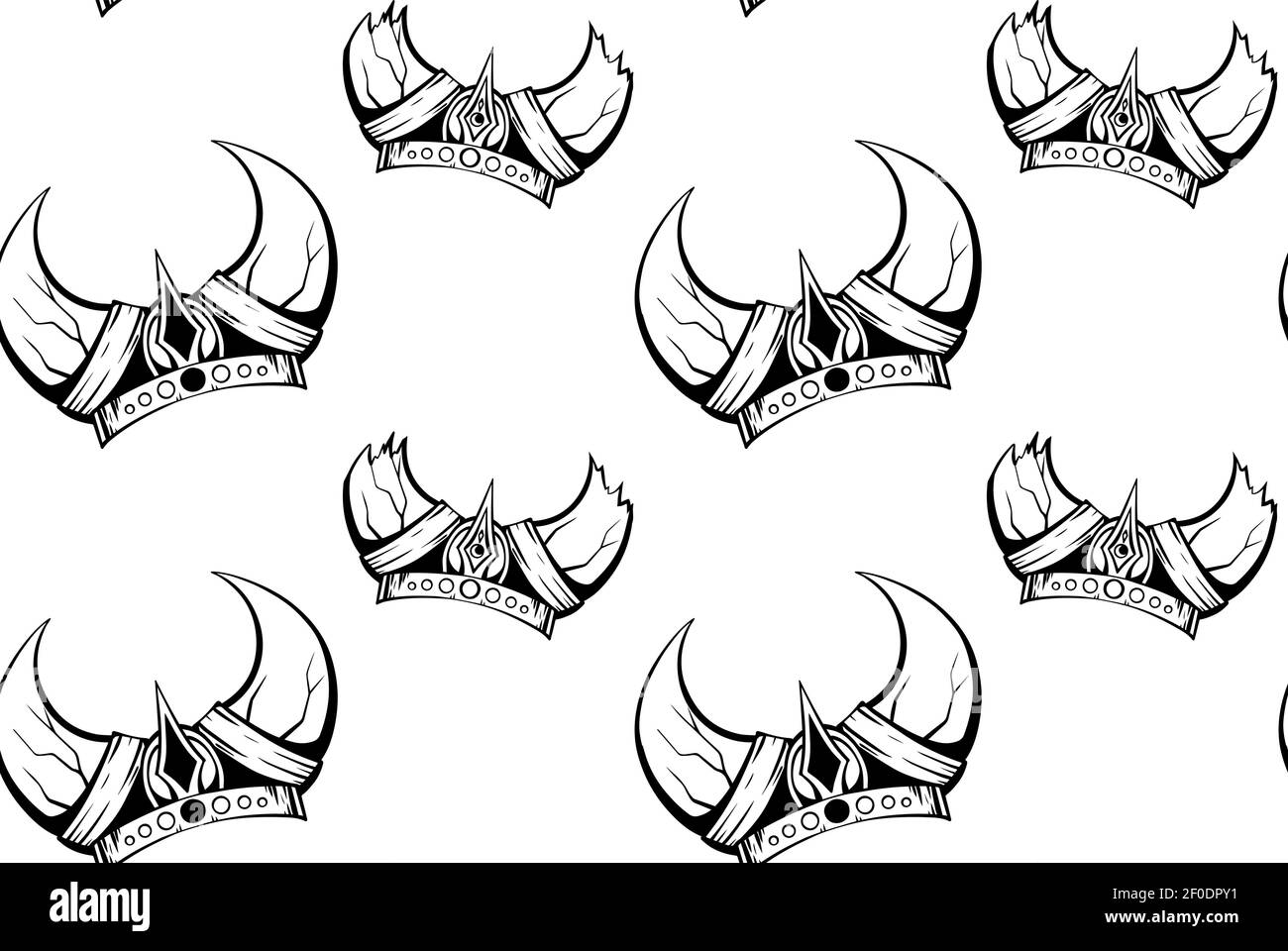 Motif sans couture avec les contours du dessin des casques viking cornés. Texture avec les munitions des guerriers anciens des défenseurs. M Illustration de Vecteur