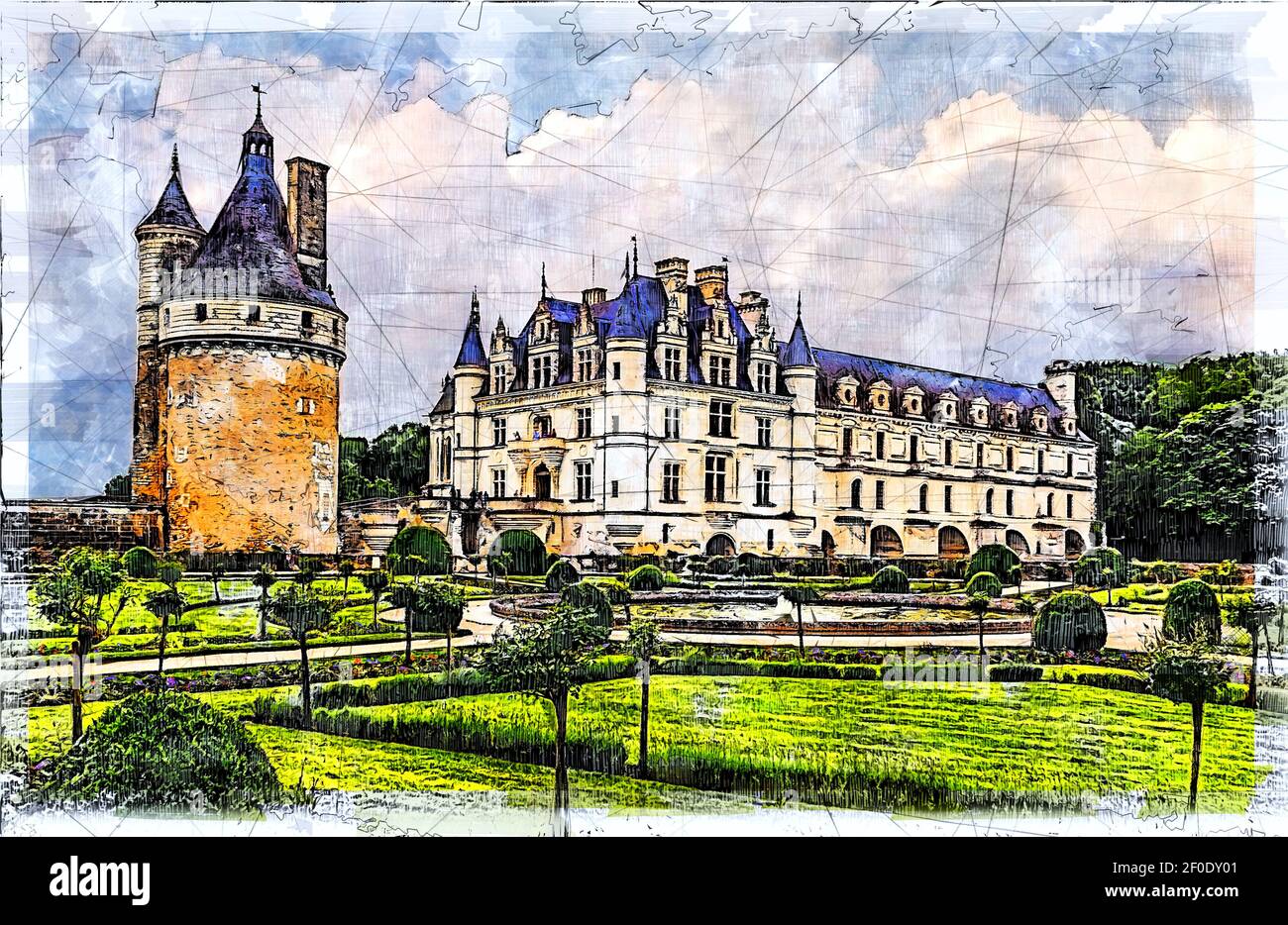 Château médiéval de Chenonceau enjambant le cher dans la vallée de la Loire en France. Illustration d'esquisse. Banque D'Images