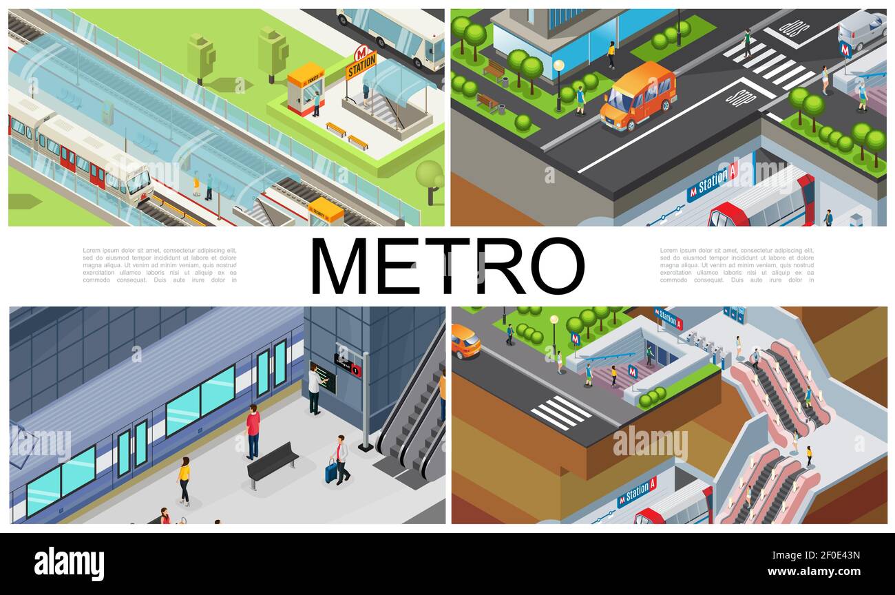 Composition isométrique du métro avec station de métro plate-forme billet d'entrée cabine escalier roulant passagers voitures se déplaçant sur la route vecteur Illustration de Vecteur