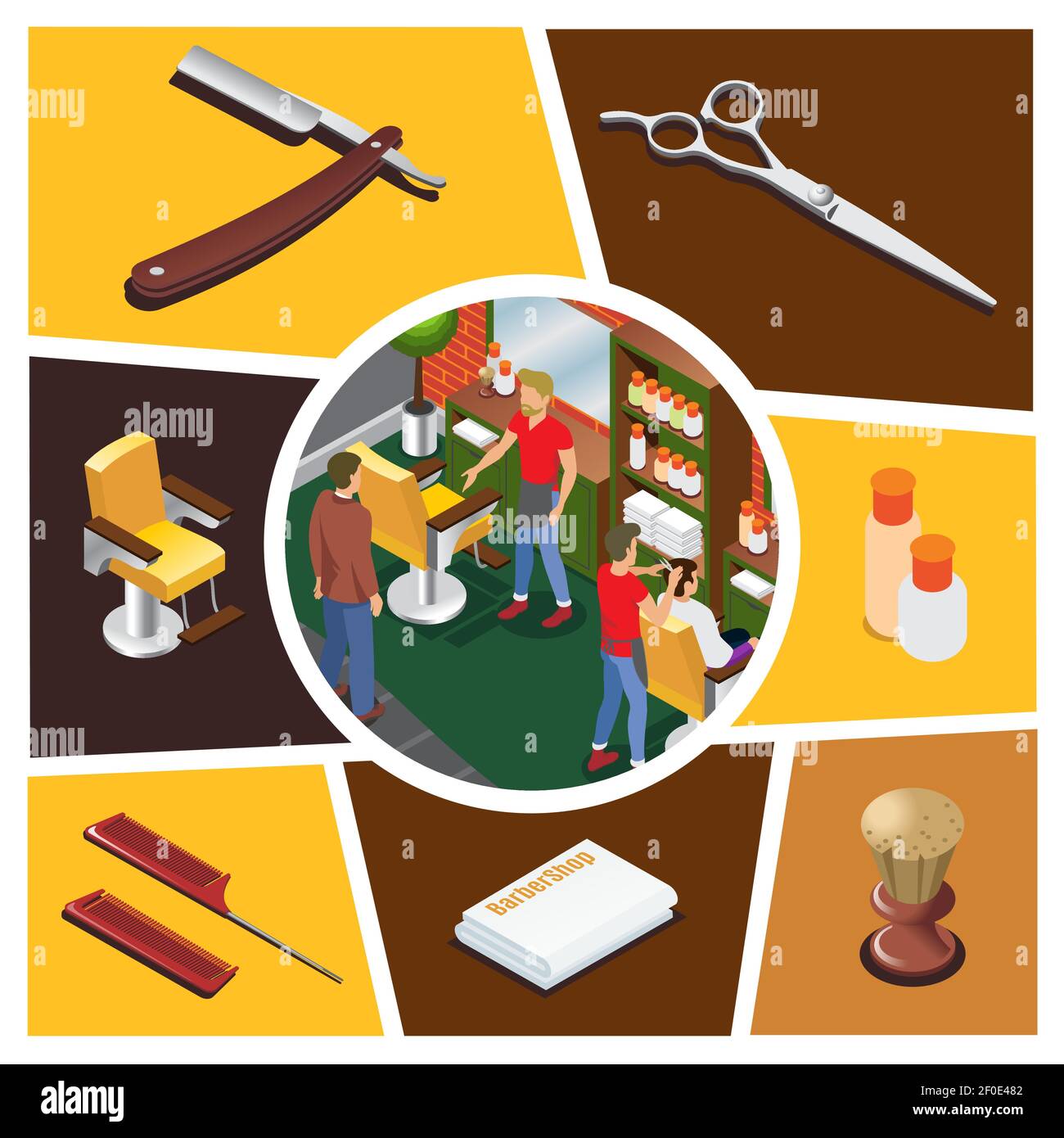 Composition Isométrique des éléments de salon de coiffure avec les clients de salon de coiffure dans le salon de coiffure ciseaux brosse essuie-mains peignes cosmétiques bouteilles chaise rasoir isolé Illustration de Vecteur