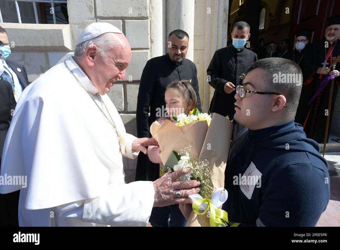 Ninive, Irak. 07e mars 2021. Mars 7.2021 : le pape François durend la visite au Churh catholique syriaque de l'Immaculée conception ( al-Tahira-l-Kubra ), tn la ville majoritairement chrétienne de Quaraqosh (Baghdeda ), dans la province de Ninive, Irak crédit: Agence de photo indépendante/Alamy Live News Banque D'Images
