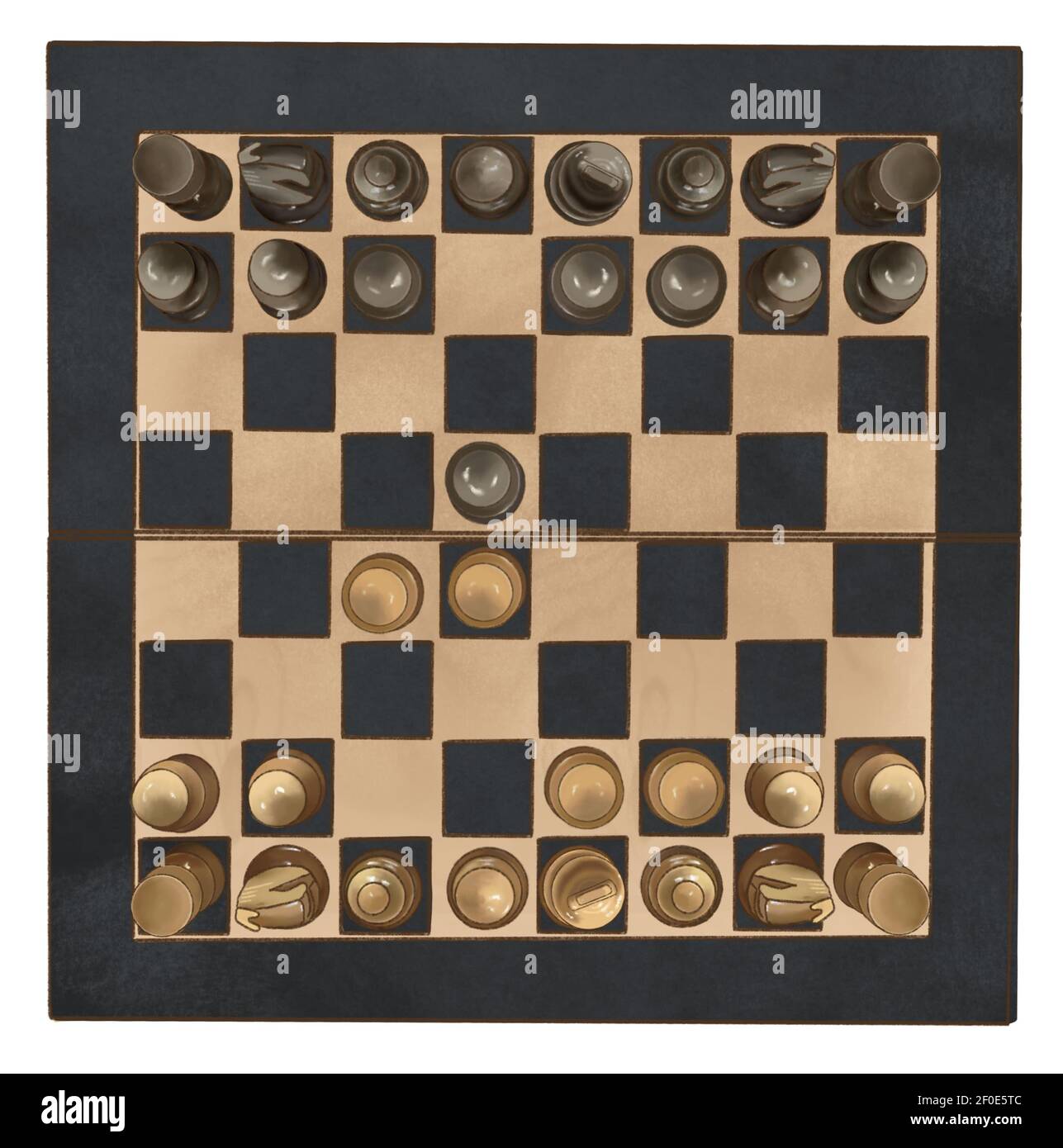 Jeu d'échecs en bois avec pièces en bois d'échecs isolées sur blanc. Vue du dessus. jeu d'échecs. bishop, roi, gambit de reines, Banque D'Images