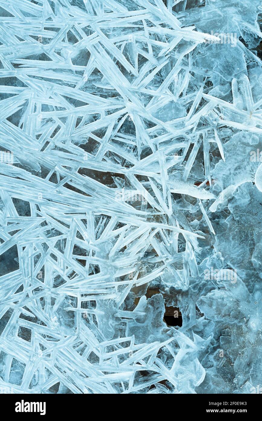 Merveilleux macro cristaux de glace, formations froides. Banque D'Images