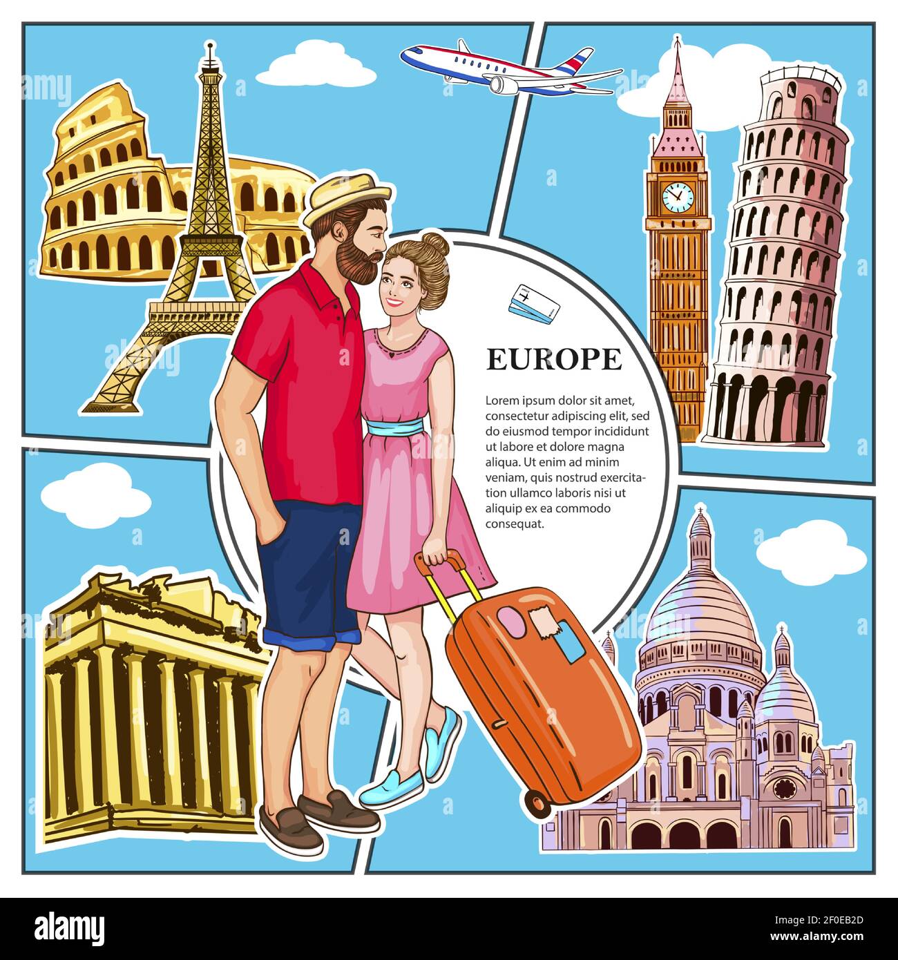 Concept coloré Voyage en Europe avec couple en vol amoureux Avion et attractions célèbres de Rome Athènes Londres Paris Vatican illustration du vecteur de villes Illustration de Vecteur
