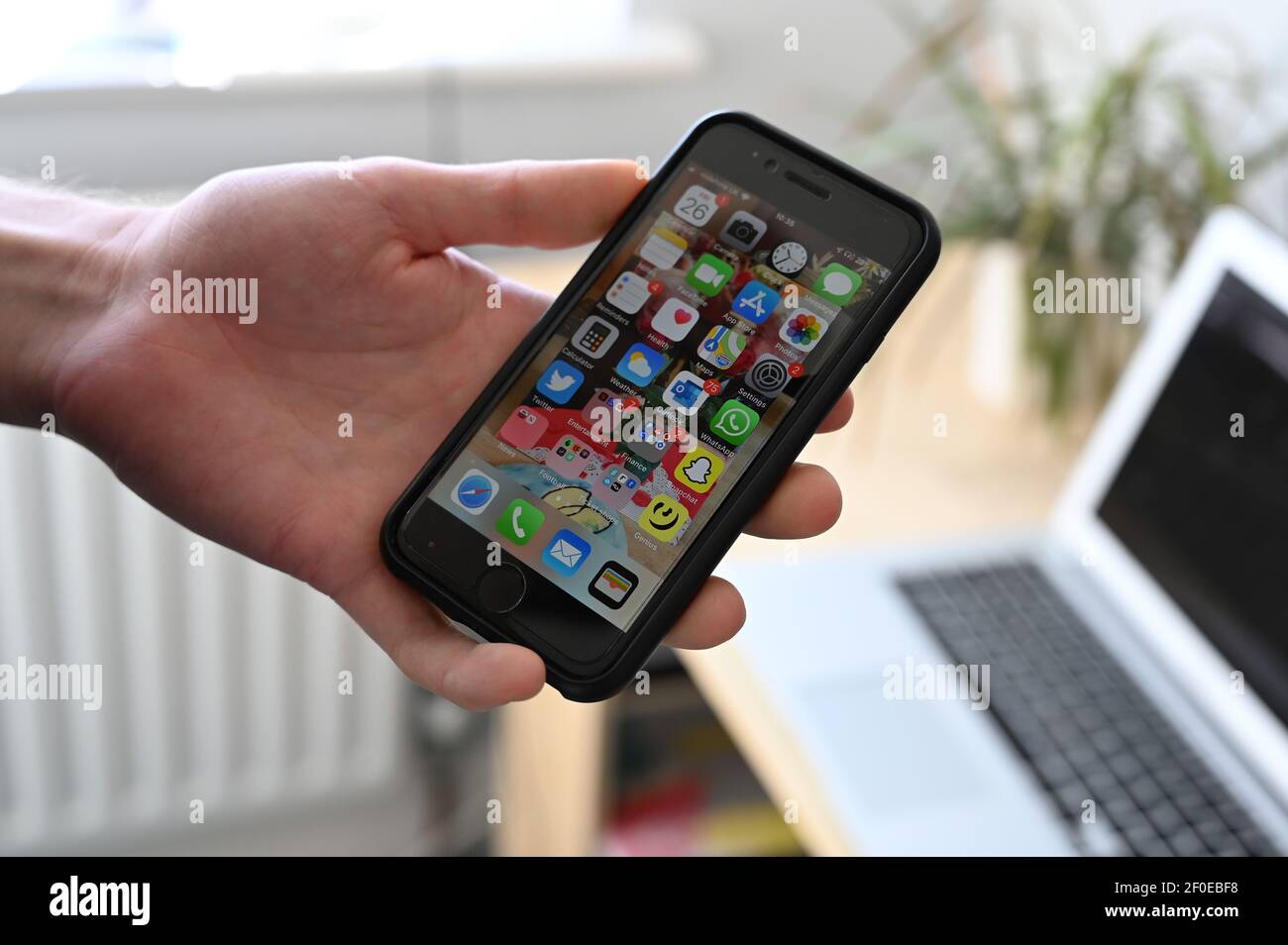 Gros plan d'un jeune homme tenant un iPhone Apple se affichant des applications. Banque D'Images