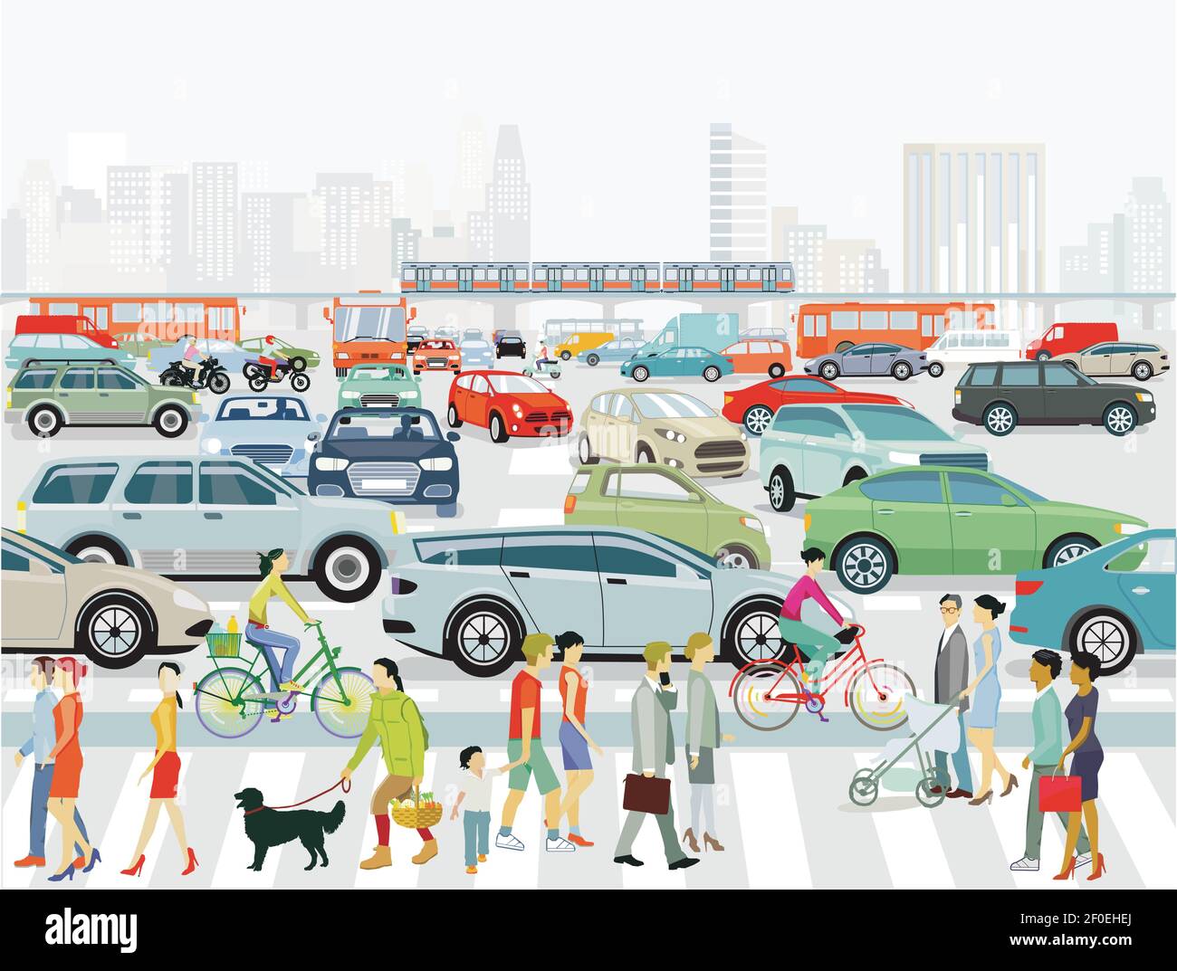 Silhouette de ville avec circulation dans l'embouteillage, et train élevé, les gens sur le trottoir Illustration de Vecteur