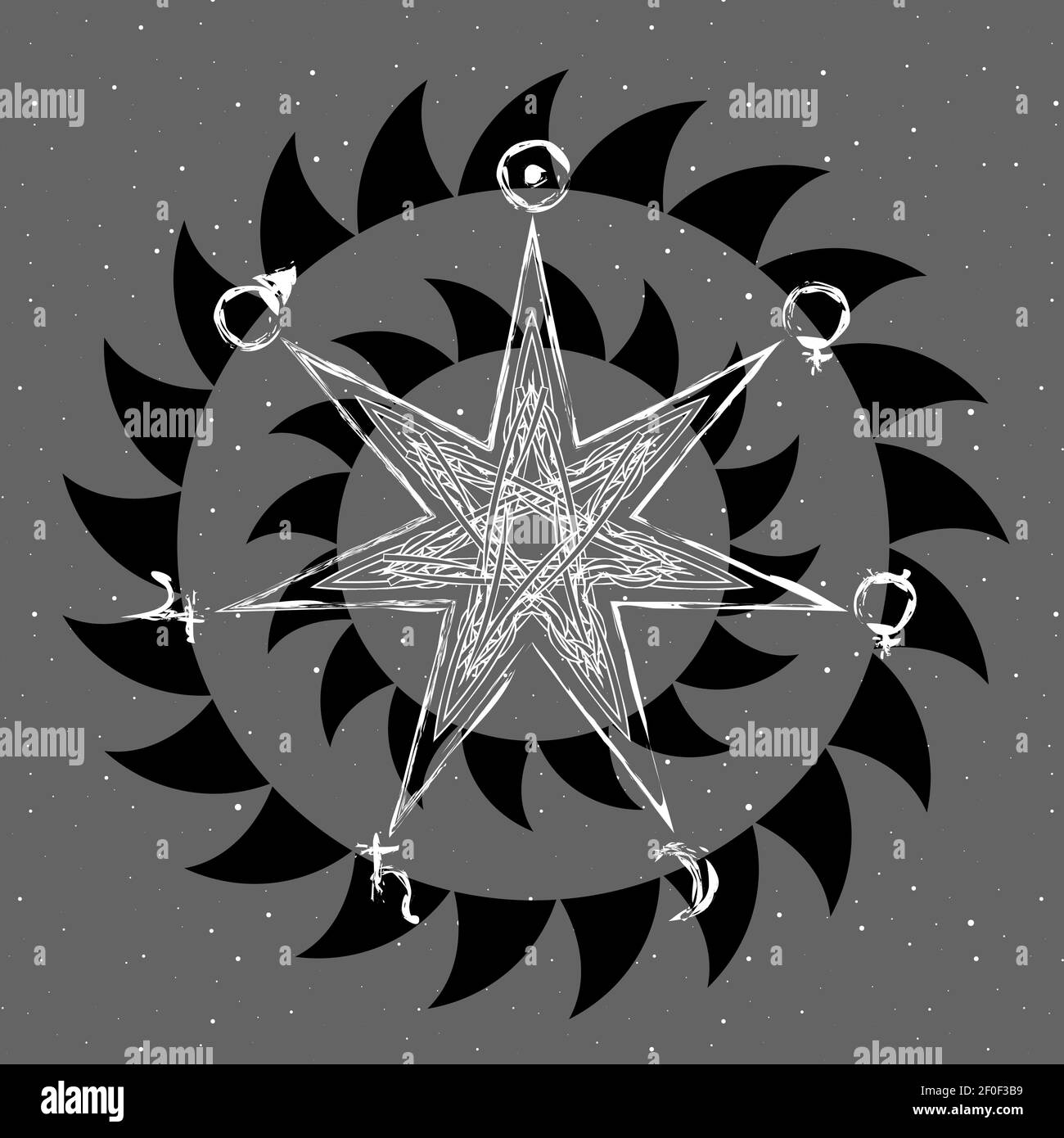 heptagramme abstrait et sept planètes en cercle noir à double épine, symboles d'astrologie Illustration de Vecteur