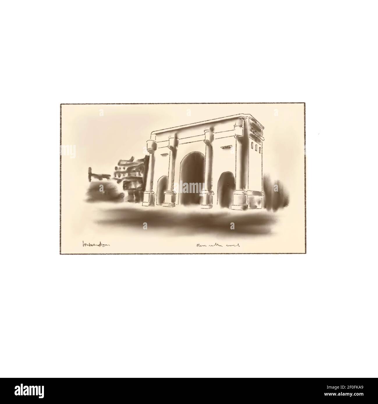 Ancienne carte postale ou photo ou photo, peinture. Image d'arc, style d'esquisse dessiné à la main Banque D'Images