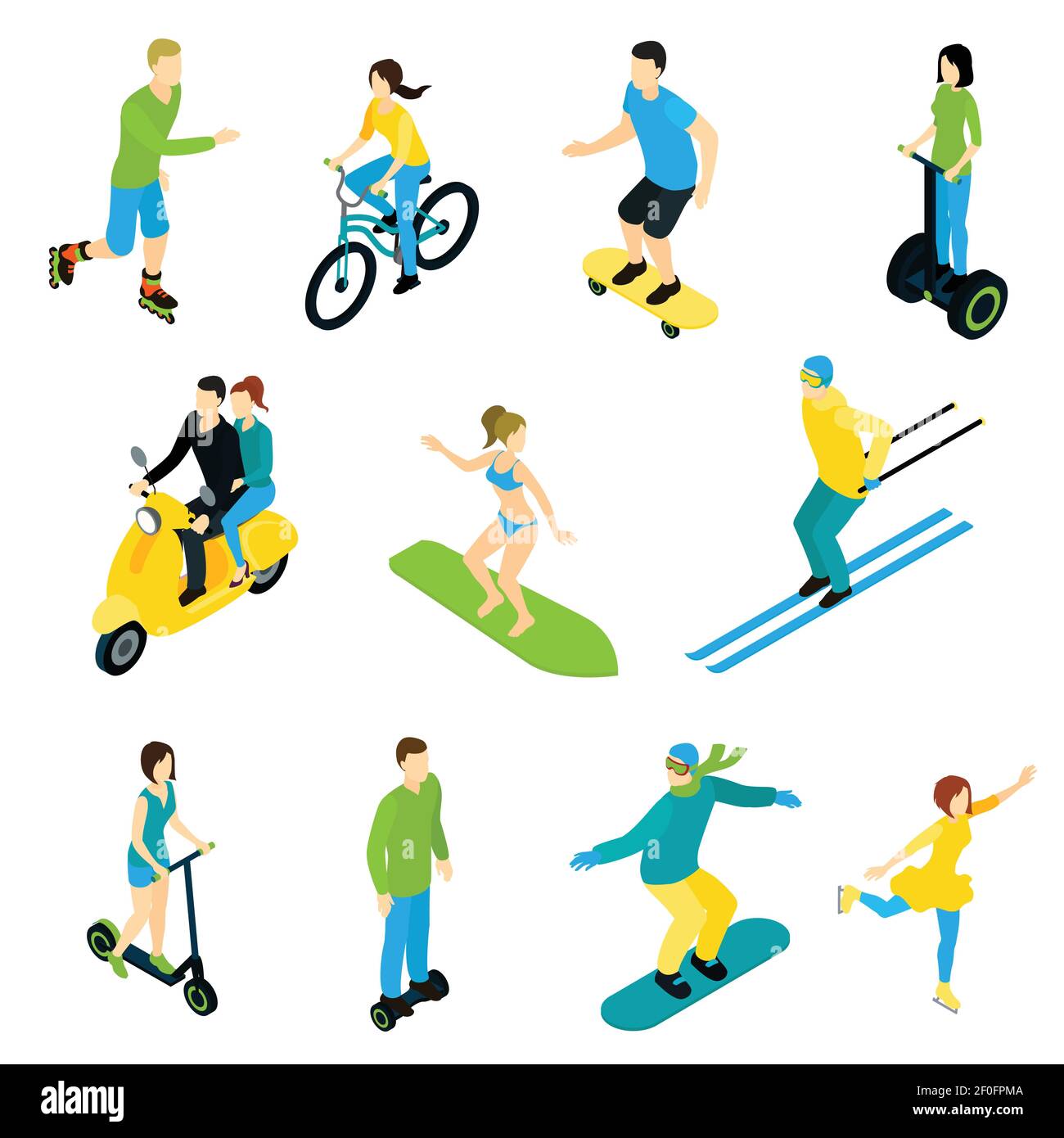 Jeu de personnages isométriques de personnes sur des planches de surf vélos moto de ski et illustration vectorielle plate à pied Illustration de Vecteur