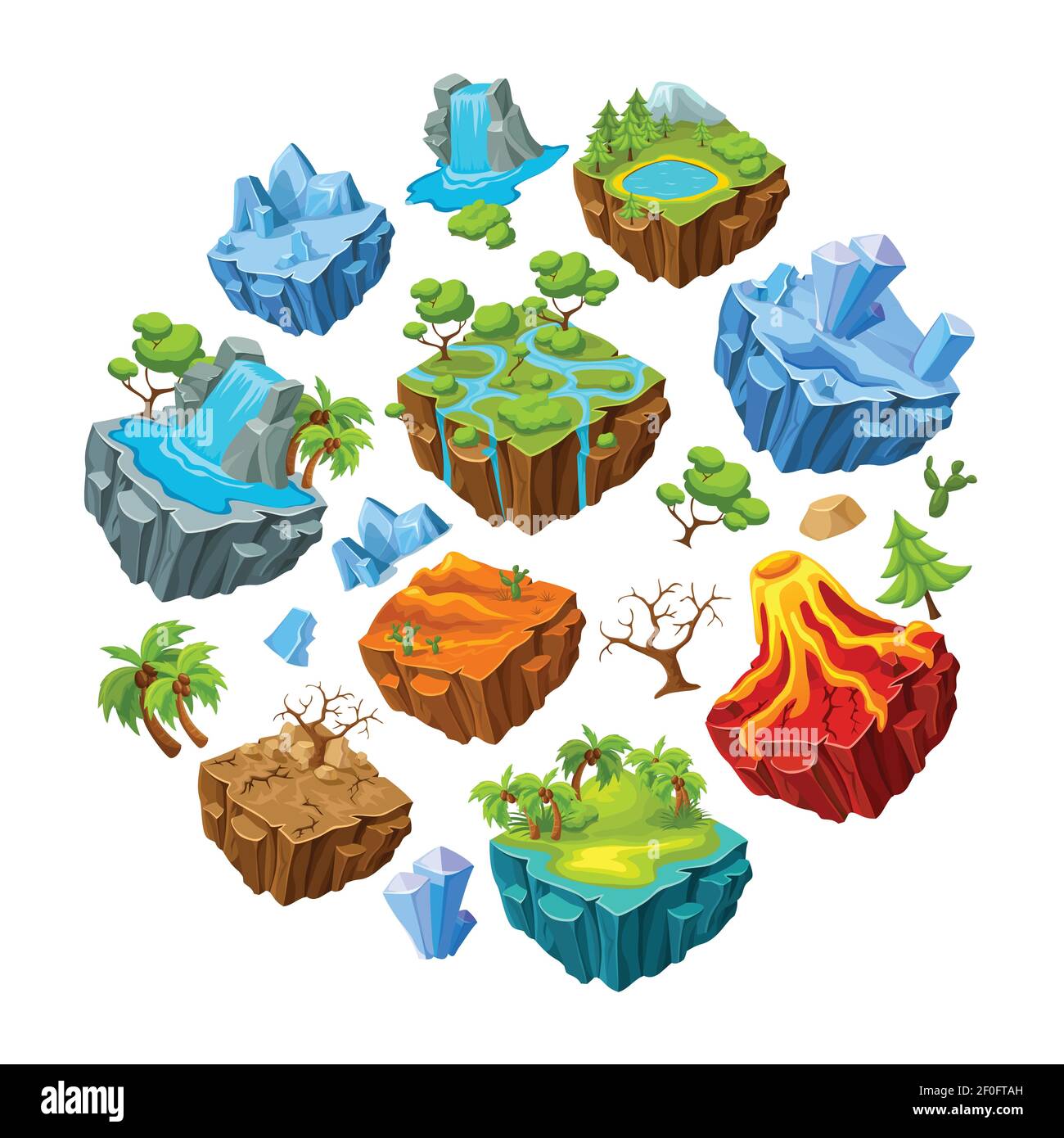 Ensemble d'îlots de jeu et d'éléments de paysage en forme de cercle avec des plantes et des pierres isolées illustration de vecteur Illustration de Vecteur