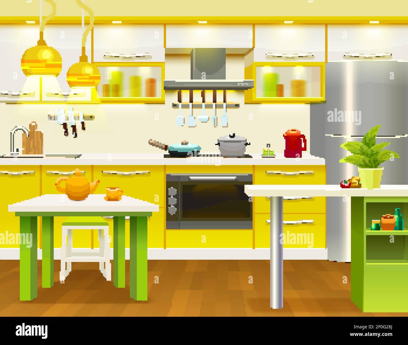 Cuisine moderne colorée design intérieur avec cuisine nécessaire récemment rénovée illustration vectorielle de mobilier et d'ustensiles Illustration de Vecteur