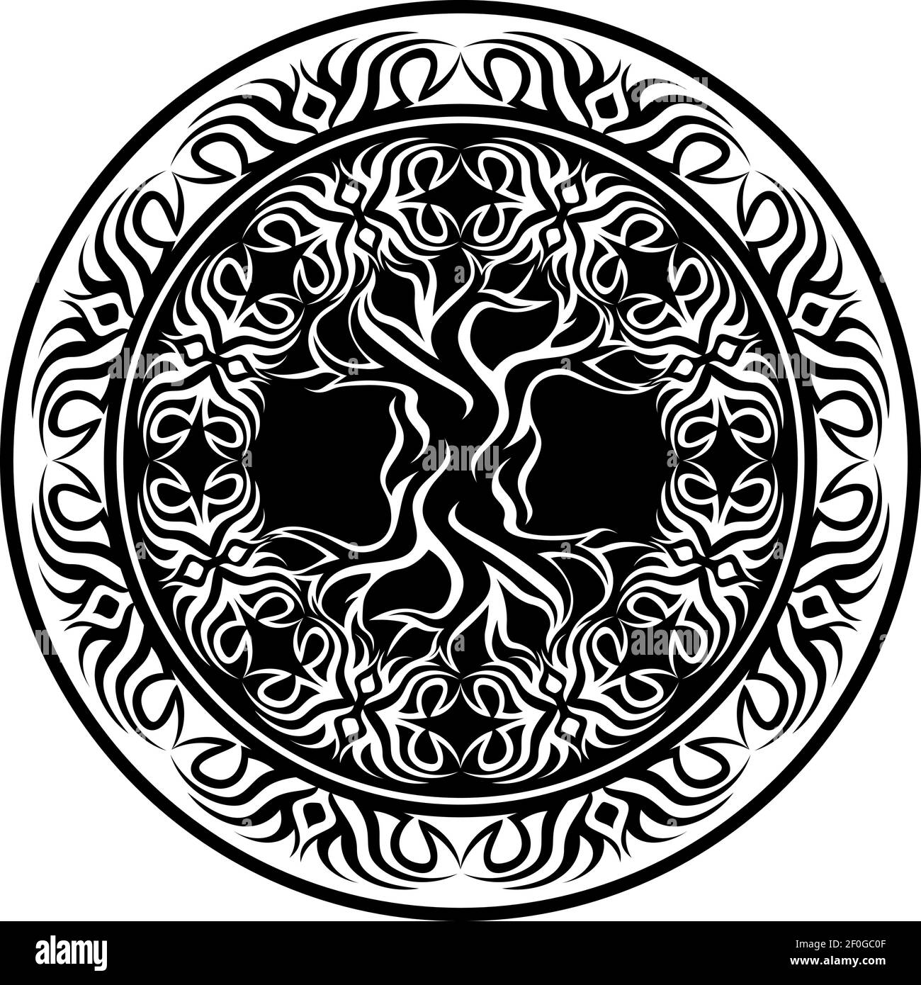 yggdrasil, arbre tribal viking de la vie, en cadre rond tribal ornemental Illustration de Vecteur