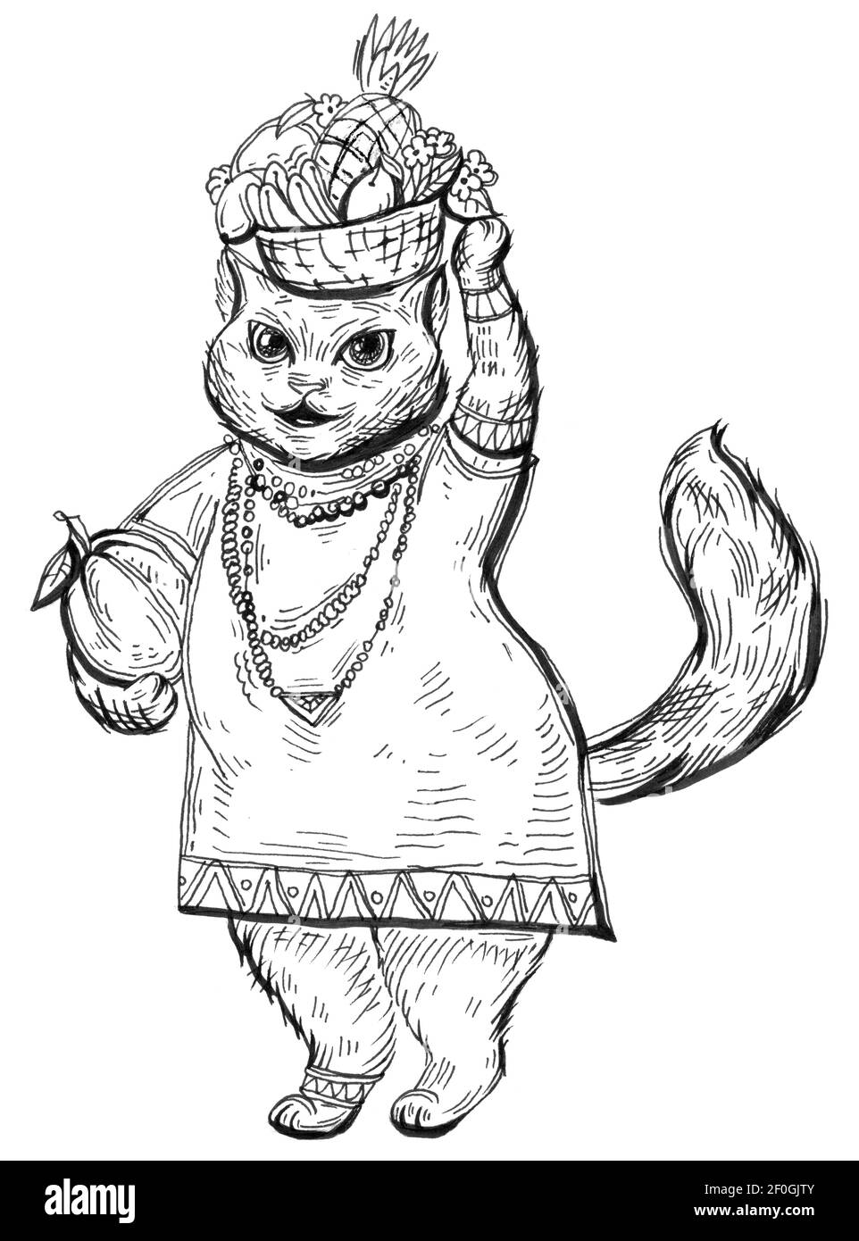 Le chat vêtu de vêtements nationaux africains porte un panier de fruits sur sa tête. Illustration à hachurage monochrome vintage isolée sur fond blanc Banque D'Images