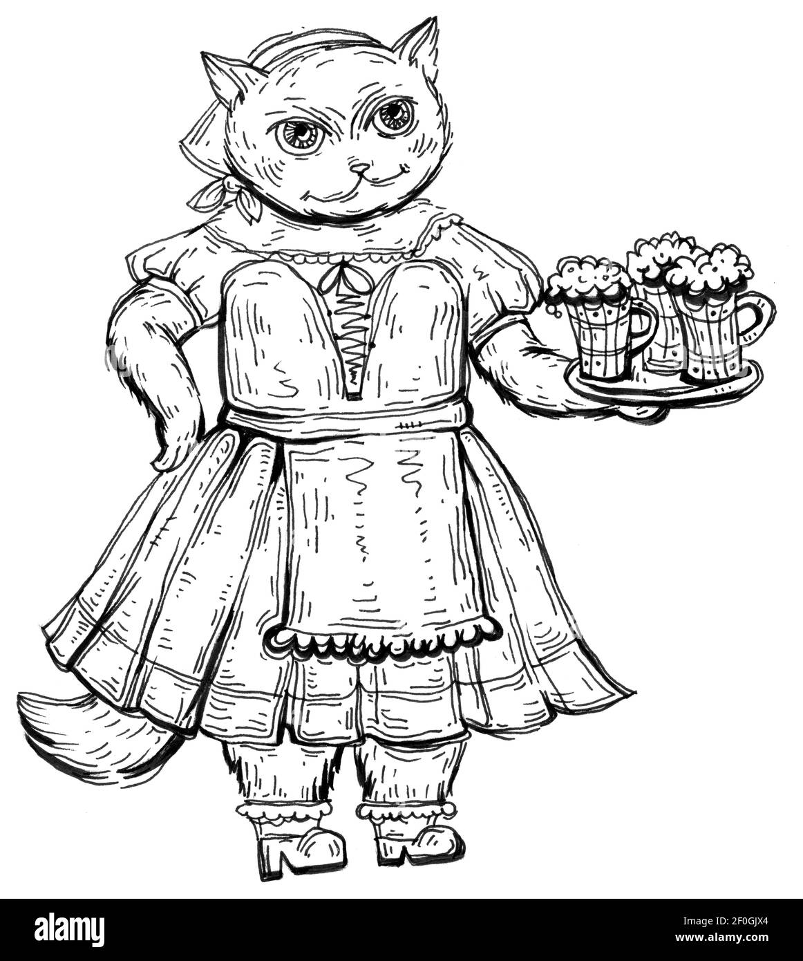 Chat habillé de vêtements bavarois nationaux et tenant un verre à bière. Illustration à hachurage monochrome vintage isolée sur blanc. Motif dessiné à la main pour okt Banque D'Images