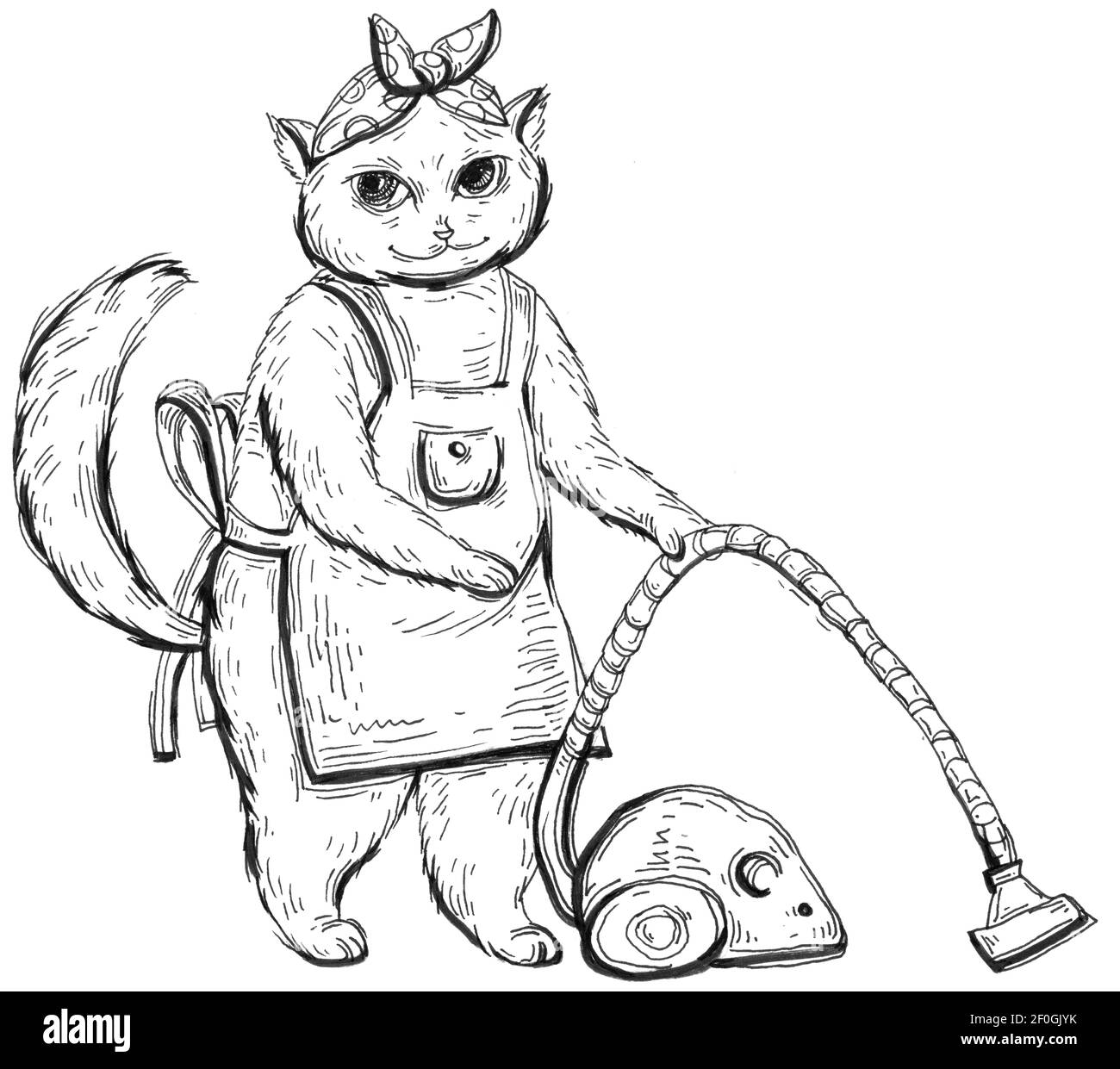 Chat vêtu d'un tablier avec un aspirateur à la main. Vue latérale. Illustration à hachurage monochrome vintage isolée sur fond blanc. Dessin à la main Banque D'Images