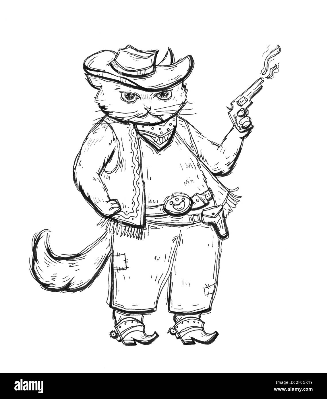 Cowboy chat tenant un revolver et vêtu d'un chapeau, d'un gilet, de bottes avec des branches. Illustration à hachurage monochrome vintage isolée sur fond blanc Banque D'Images