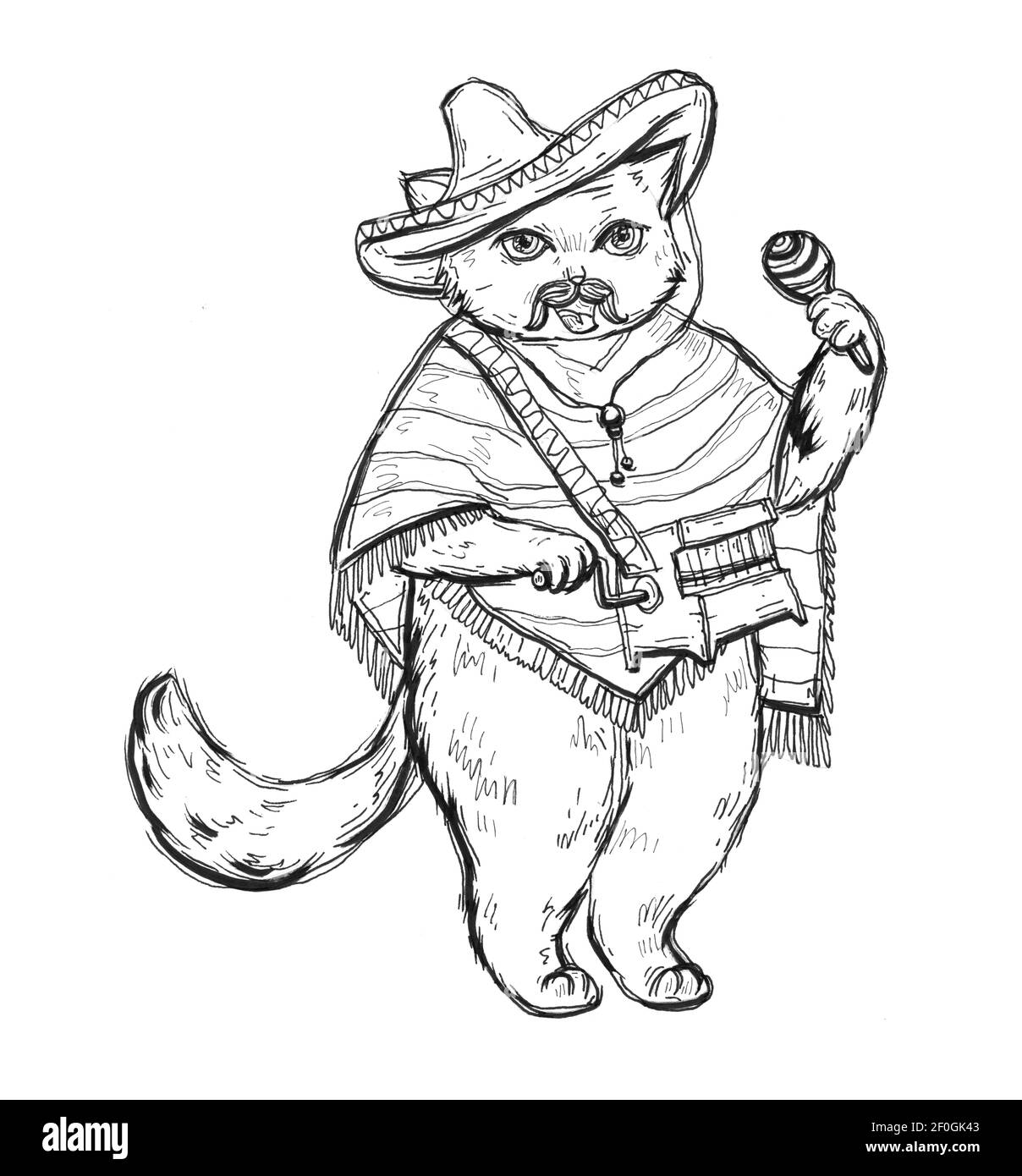 Chat tenant un maraca et vêtu du poncho, sombrero. Illustration à hachurage monochrome vintage isolée sur fond blanc. Design dessiné à la main pour Banque D'Images