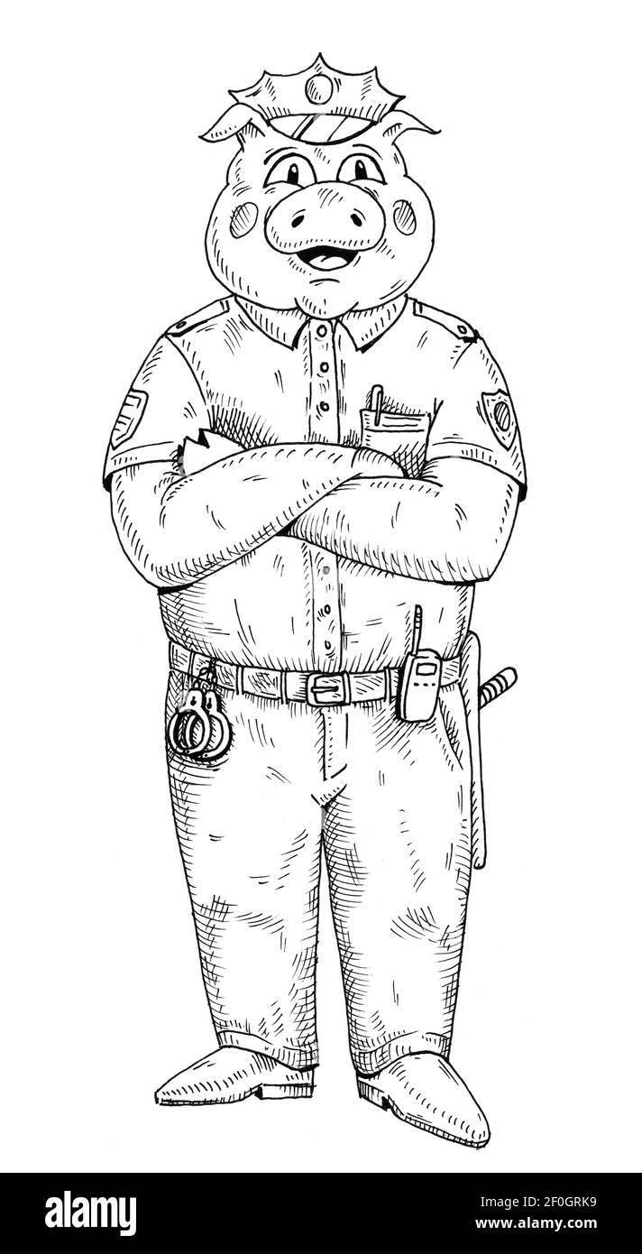 Cochon aux pattes croisées vêtu d'un uniforme de police. Illustration à hachurage monochrome vintage isolée sur fond blanc. Élément de conception dessiné à la main pour Banque D'Images