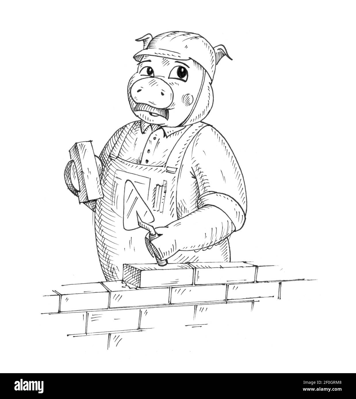 Cochon habillé dans l'ensemble et casque de construction tenant la brique et la truelle. Illustration à hachurage monochrome vintage isolée sur fond blanc. Ha Banque D'Images