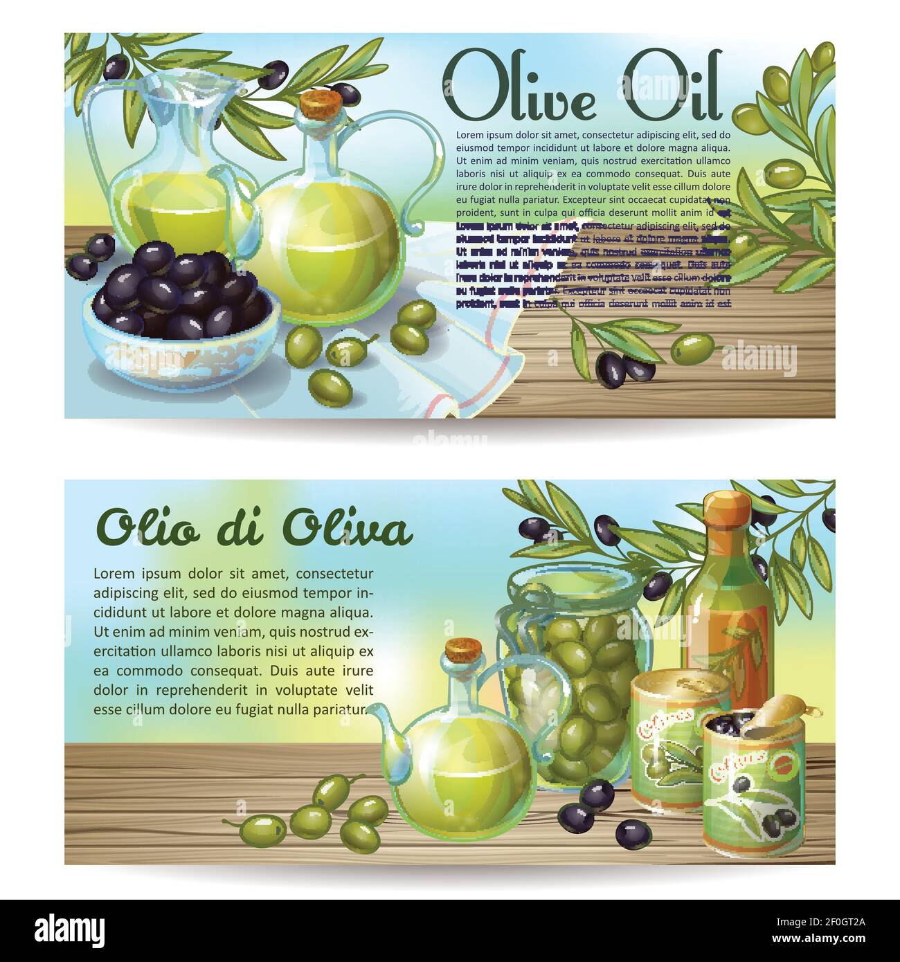 Deux concepts horizontaux sont définis avec du texte modifiable à l'huile d'olive arrière-plan dessiné avec des olives sur l'illustration vectorielle en bois Illustration de Vecteur