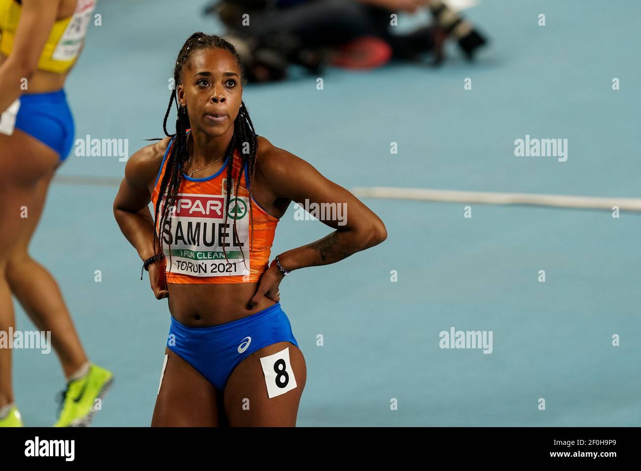 TORUN, POLOGNE - MARS 7: Jamile Samuel des pays-Bas en compétition dans le Womens 60m Round 1 Heat 5 pendant le Championnat européen d'intérieur d'athlétisme Banque D'Images