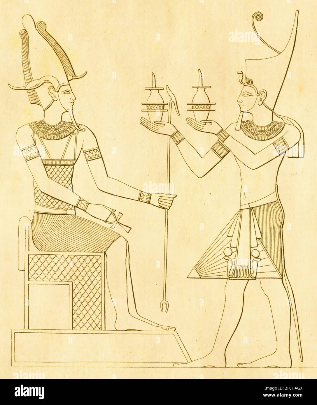 Illustration du XIXe siècle du roi égyptien offrant le sacrifice à Osiris. Publié dans Systematischer Bilder-Atlas zum conversations-Lexikon, Ikonograp Banque D'Images