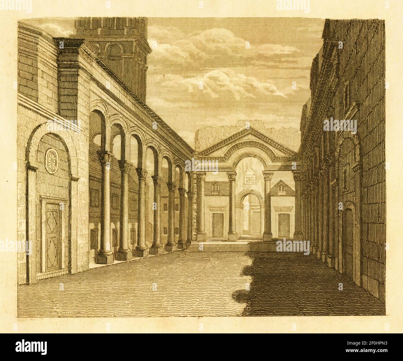 Ancienne gravure du XIXe siècle d'une salle dans le palais de Dioclétien à Split. Publié dans Systematischer Bilder-Atlas zum conversations-Lexikon, Ikonogra Banque D'Images