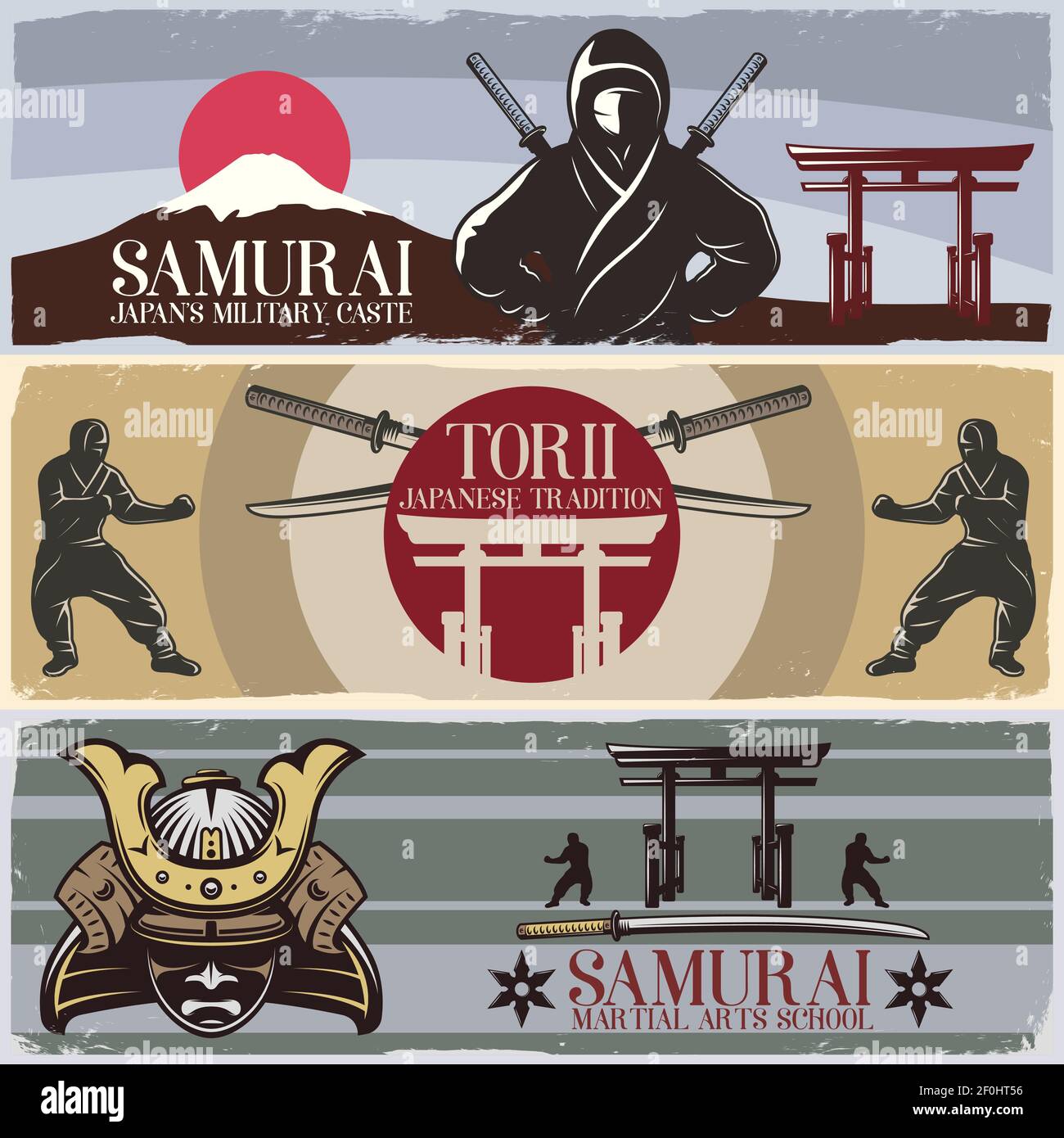 Trois bannières horizontales avec samouraï de style japonais traditionnel les symboles des arts militaires guerriers élisent l'illustration vectorielle plate Illustration de Vecteur