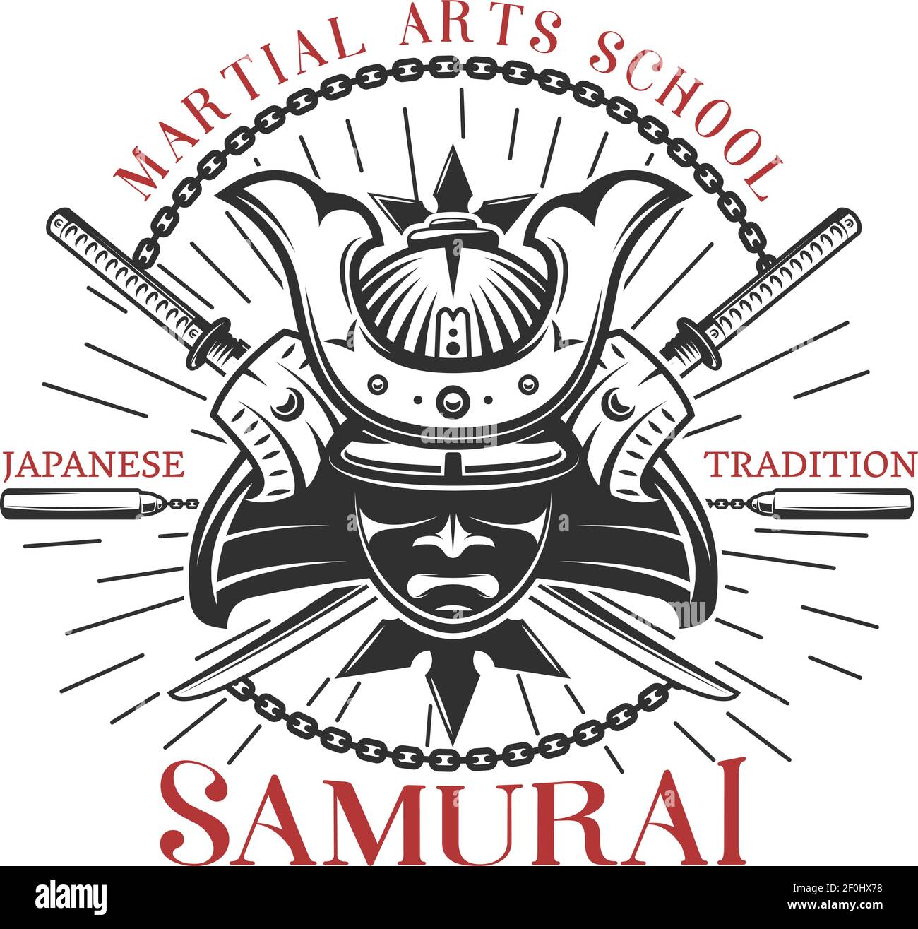 Imprimé décoratif de symboles traditionnels des arts martiaux japonais avec motif rond composition de l'illustration vectorielle des épées de masque et des nunchucks Illustration de Vecteur