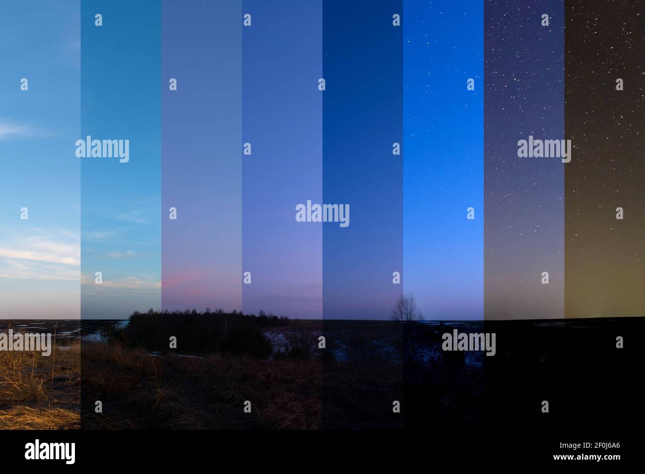 Différentes couleurs d'ombre le paysage de jour en nuit. Intervalles de temps dans une seule image Banque D'Images