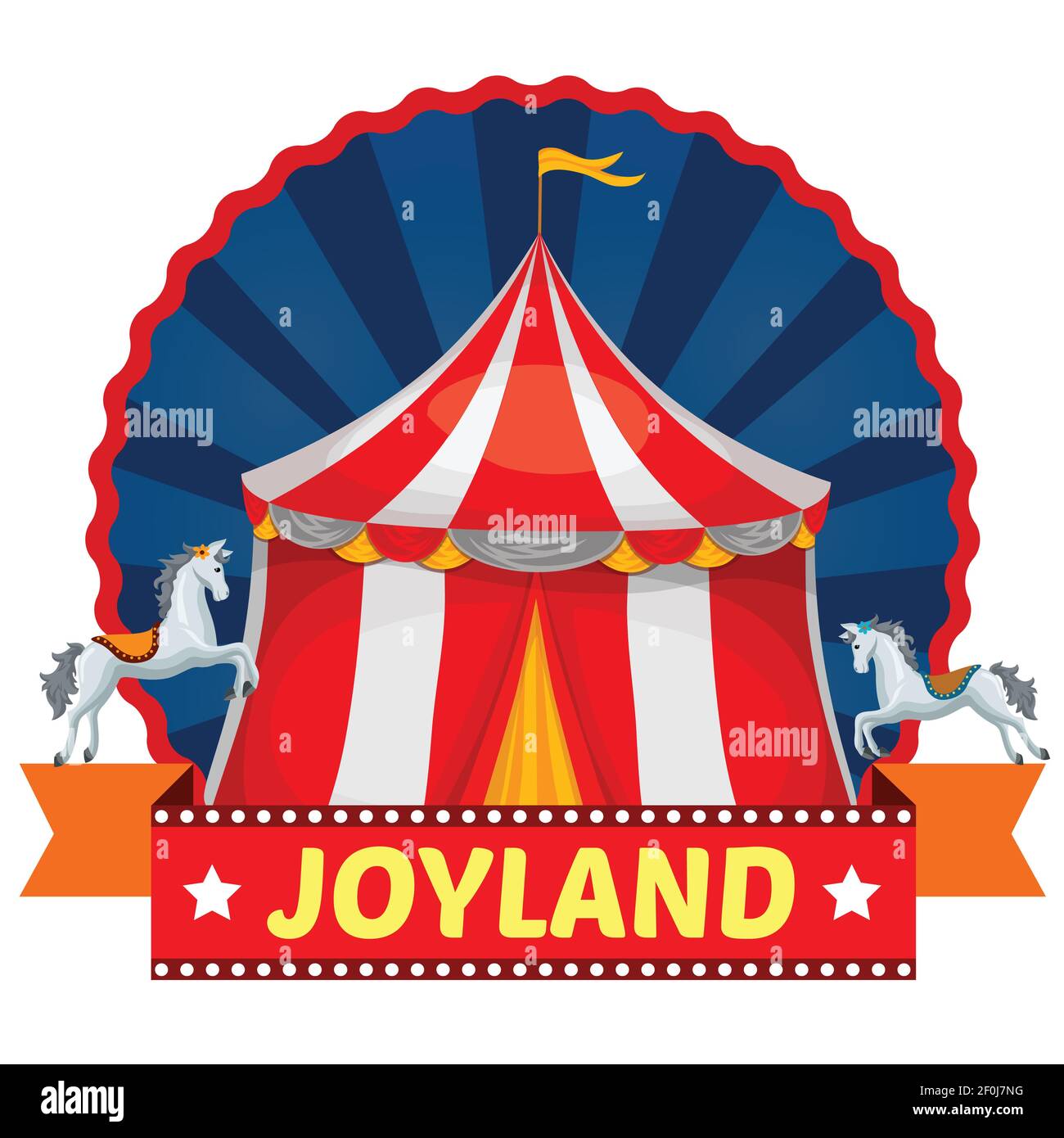Emblème du parc d'attractions avec tente de cirque à rayures et chevaux arrière-plan rond bleu avec illustration du vecteur de rayons Illustration de Vecteur