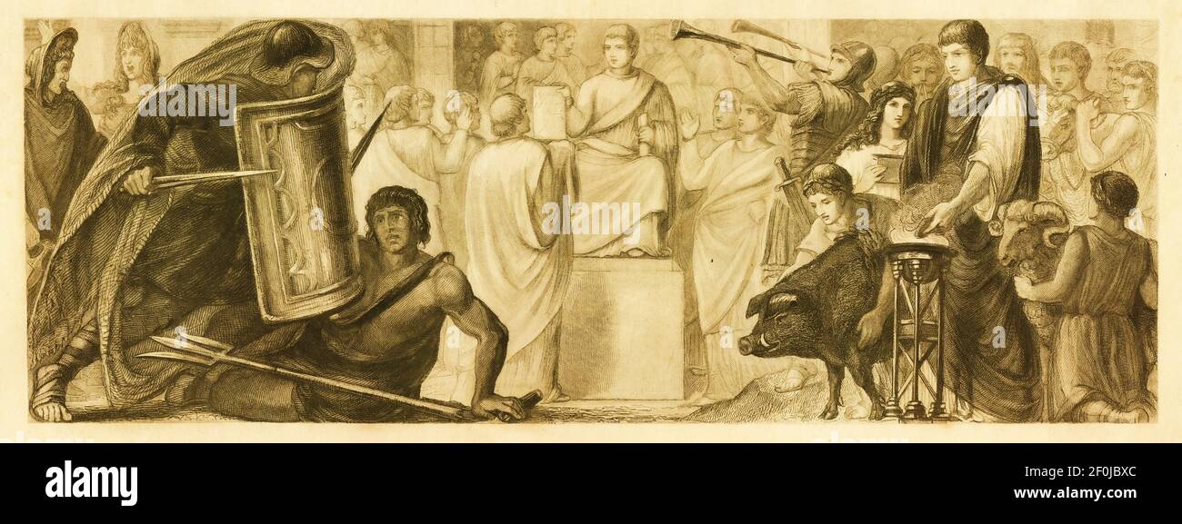 Gravure antique de scènes de la vie dans la Rome antique. De gauche à droite : 1 - acteur, 2 - Gladiateur, 3 - audience de la Cour, 4 - sacrifice. Illustration pu Banque D'Images